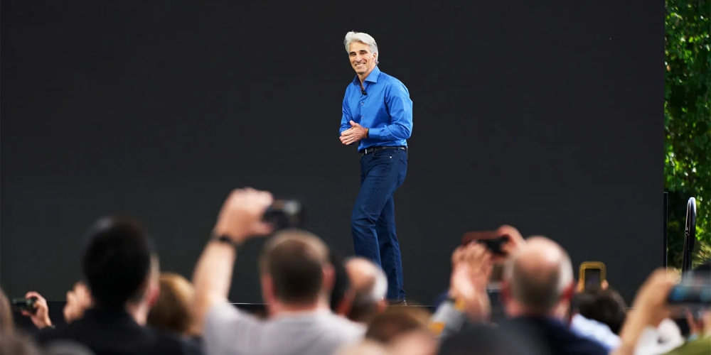 Craig Federighi onstage at an Apple Event. Craig is popular with Apple fans and consumers alike.