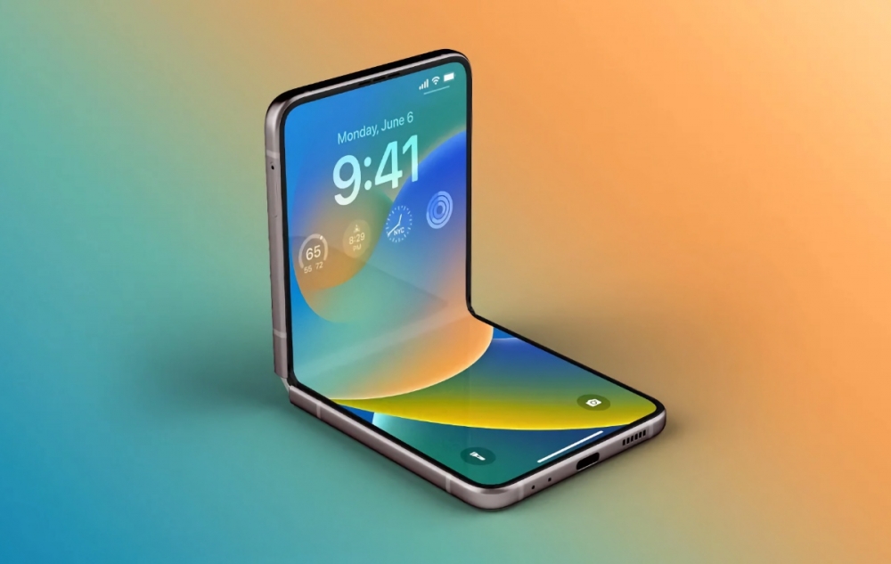 Another close up shot of Apple's upcoming Foldable iPhone, also known as iPhone Fold or iPhone Flip. This is a 3D-rendered concept.