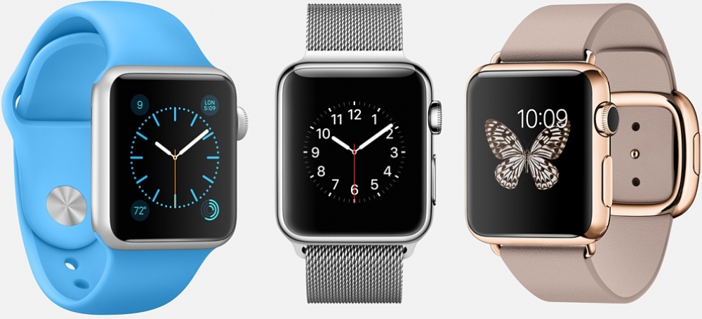 Apple's original product was split into three collections: Apple Watch Sport (left), Apple Watch (center), and Apple Watch Edition (right).