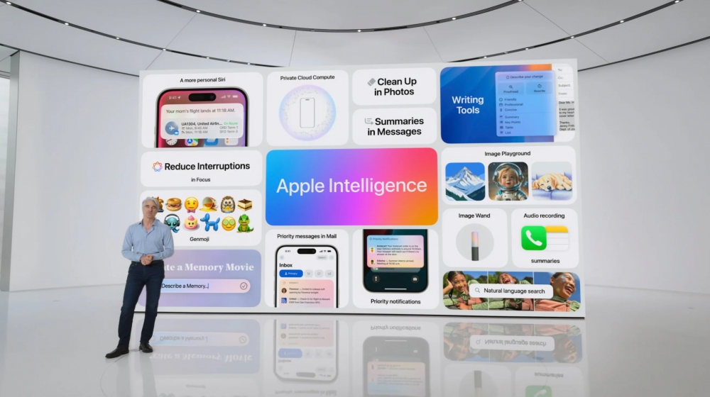 Craig Federighi showing off some Apple Intelligence features onstage at WWDC '24.