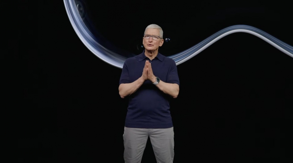 Tim Cook introducing Apple Vision Pro to the world onstage at Apple Park in California