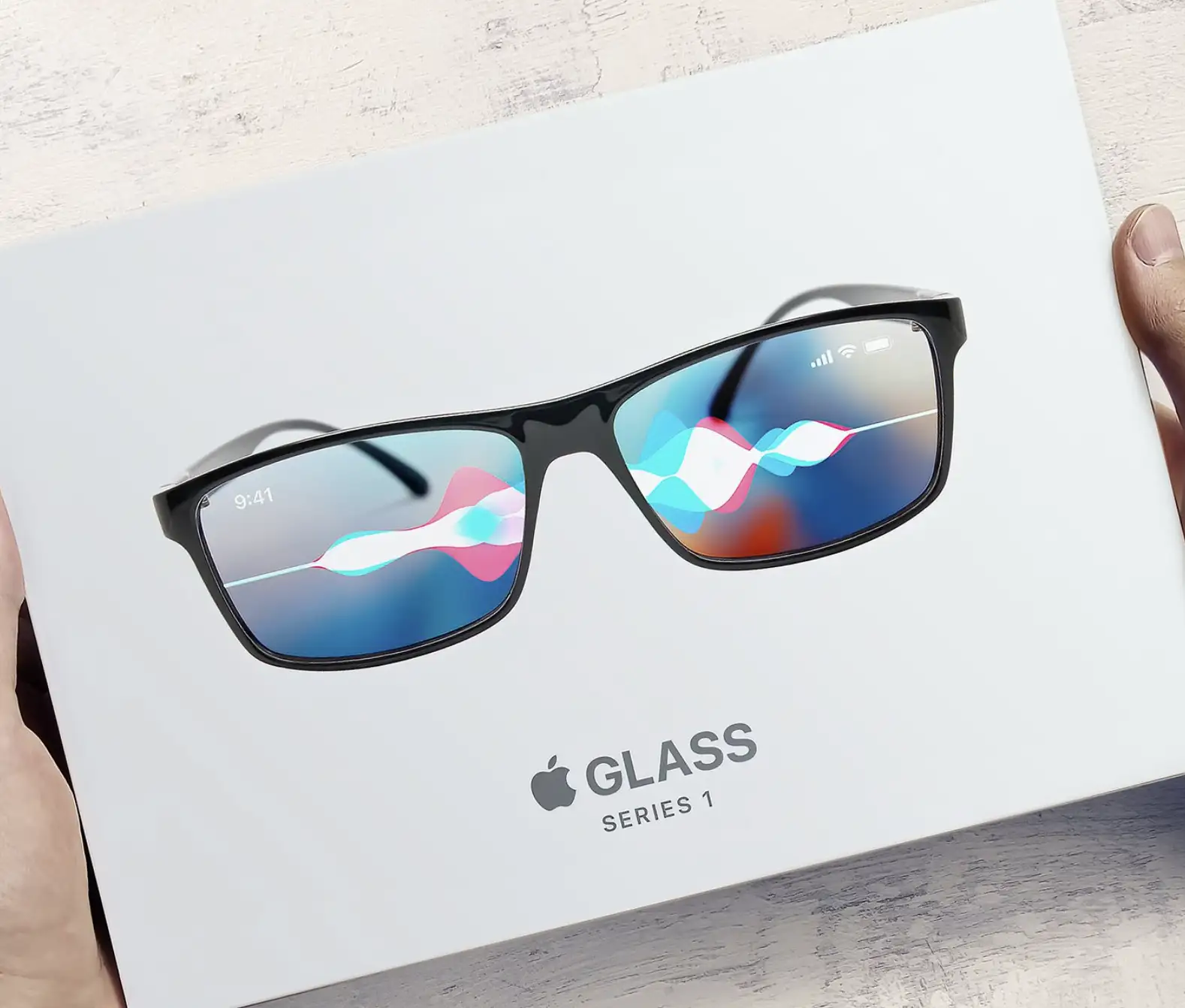 A 3D rendering of what the Apple Glasses packaging and design might look like.