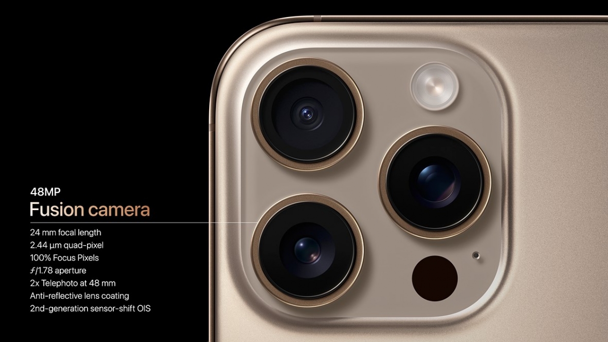 A closeup of the 48MP Fusion Camera on iPhone 16 Pro.