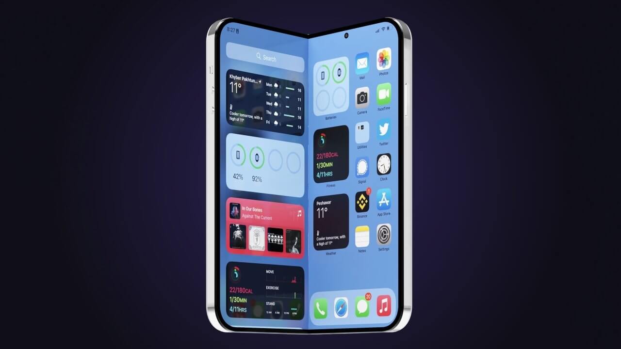 A concept image showing an alternative, book-like design for Apple's upcoming foldable iPhone.