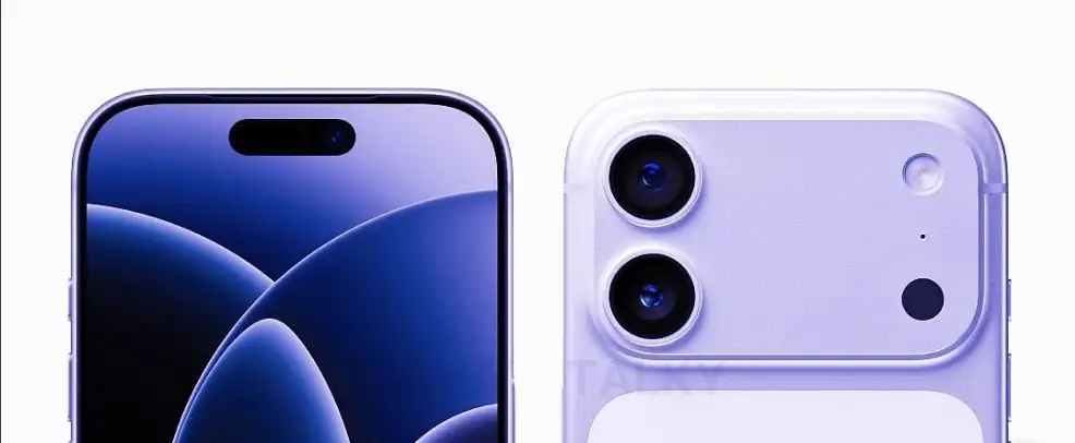 A concept rendering of Apple's 2026 iPhone 18 in a new purple/lilac shade.