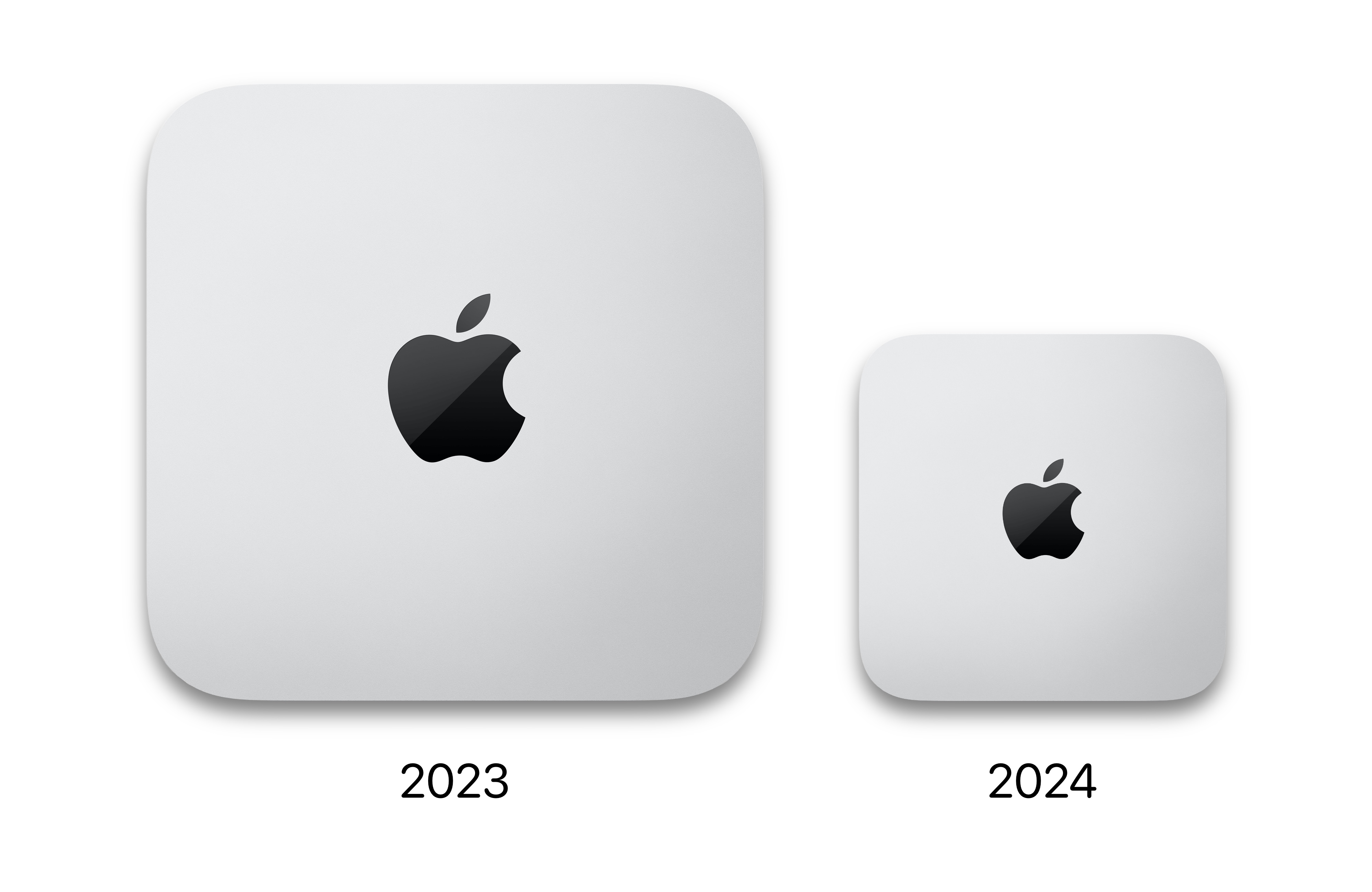 A concept rendering of the 2023 Mac mini (left) next to the 2024 M4 Mac mini (right).