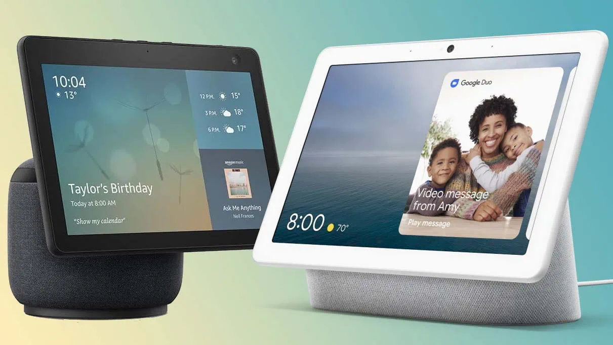 Amazon Echo Show (left) vs. Google Nest Hub (right), likely to be Apple's competitors in this space.