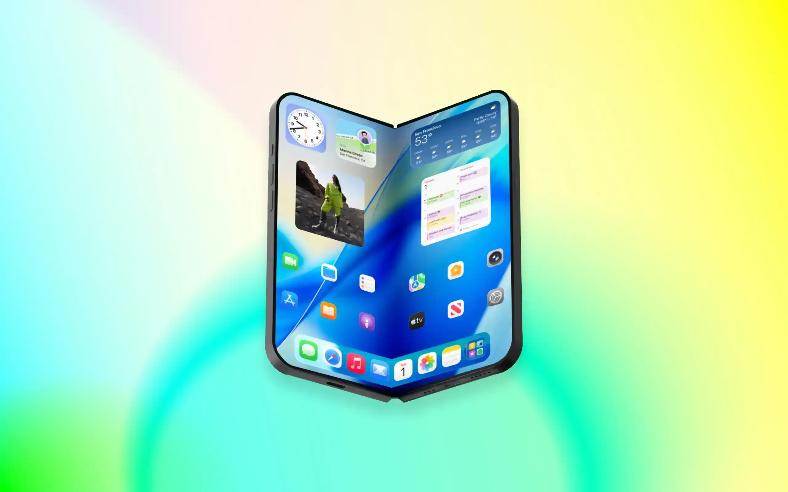 An early 3D concept rendering of what Apple's first book-style foldable iPhone might look like.