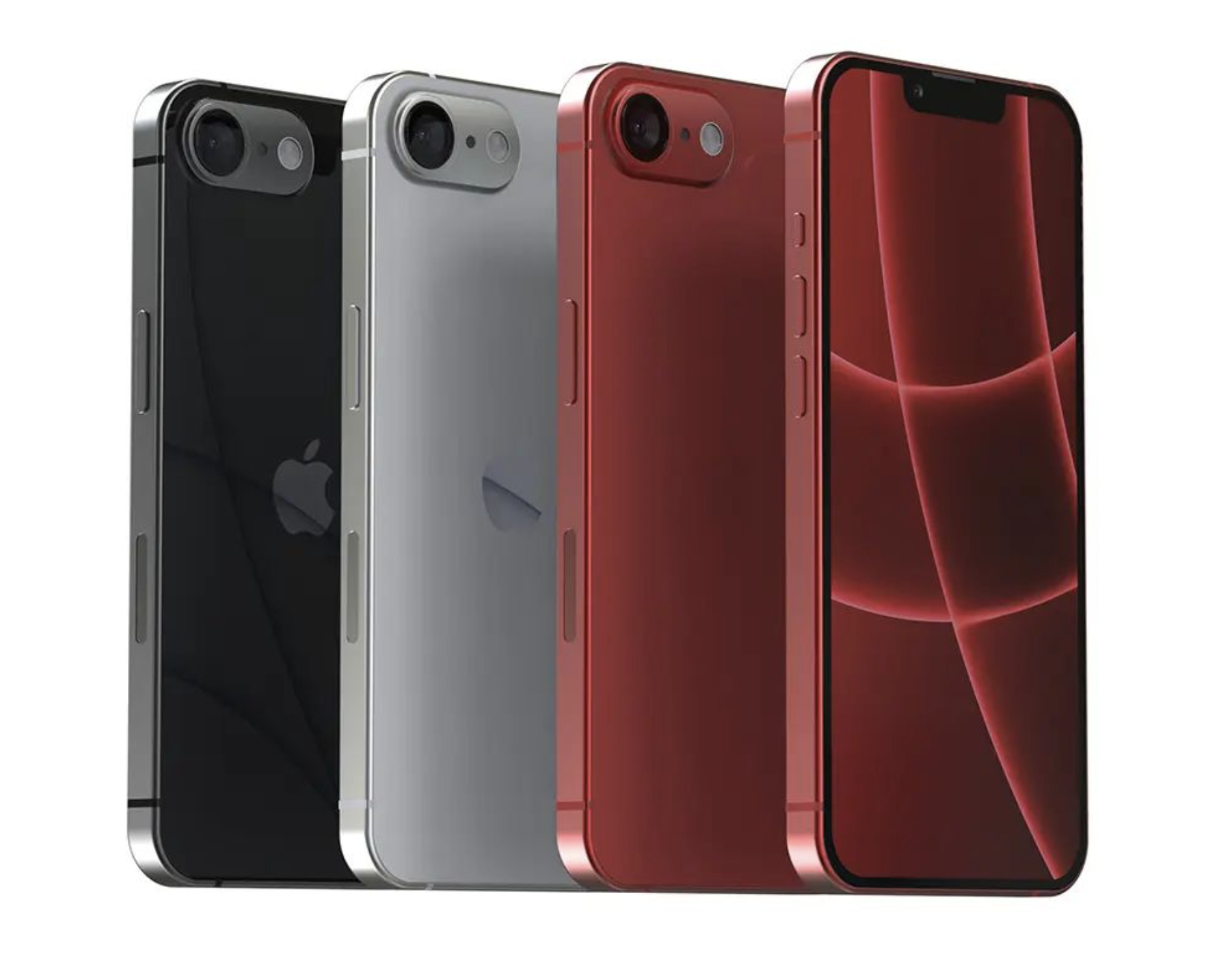 Another concept rendering of Apple's upcoming 2025 iPhone SE 4 in various colors, including black, silver and red.