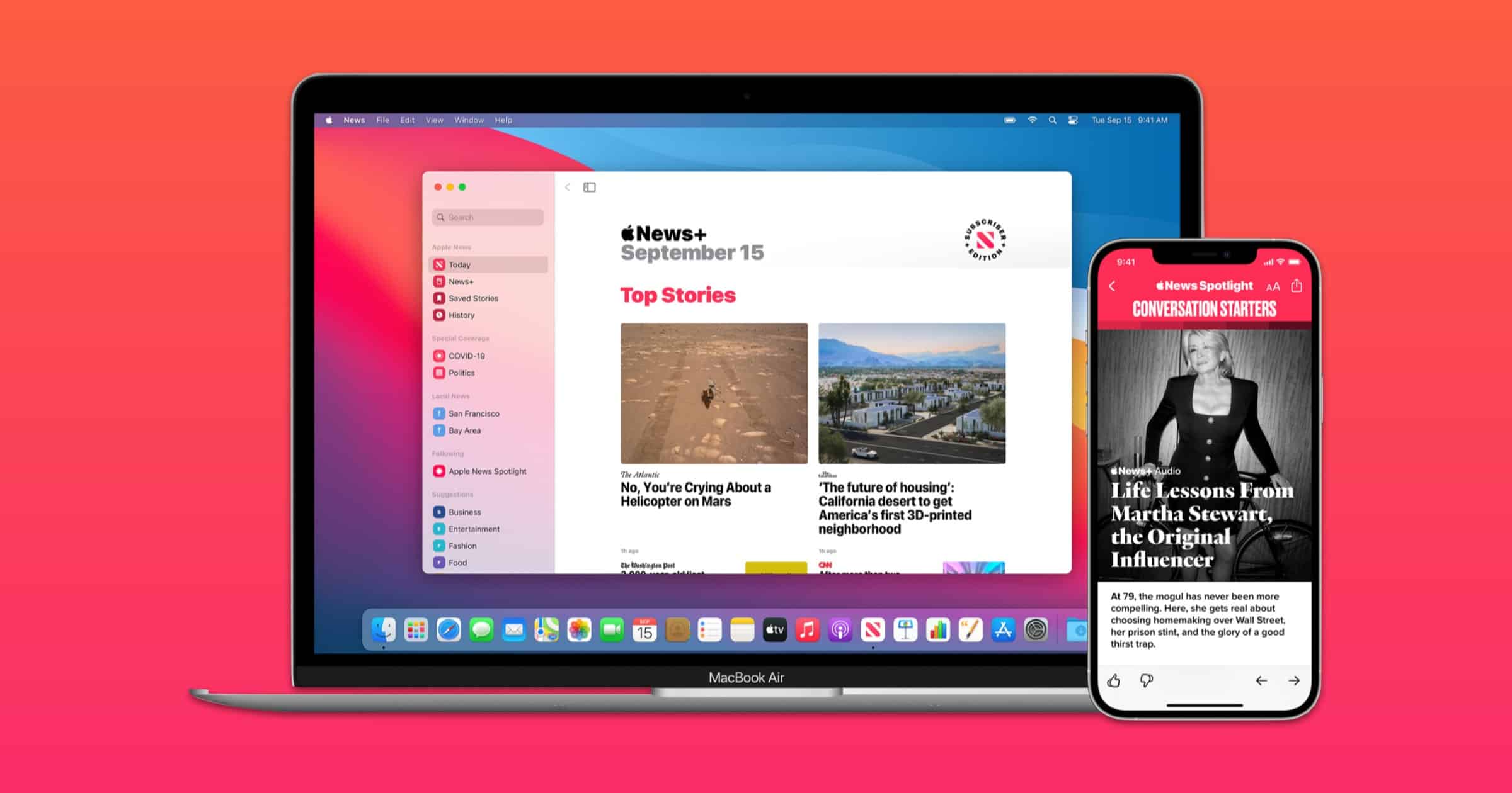 Apple News in use on a MacBook Air and an iPhone.