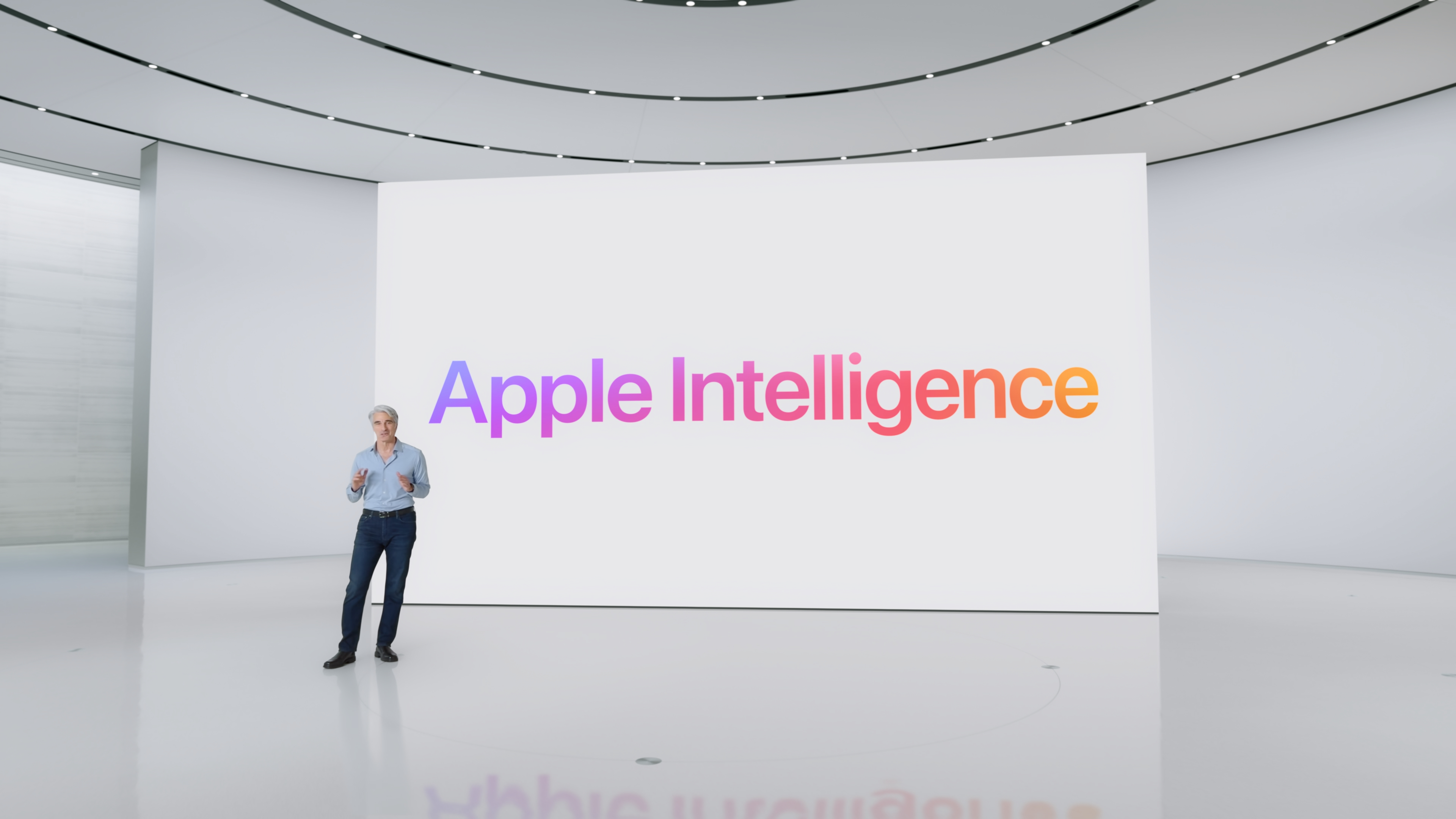 Craig Federighi announces Apple Intelligence from Apple Park, California in June 2024.