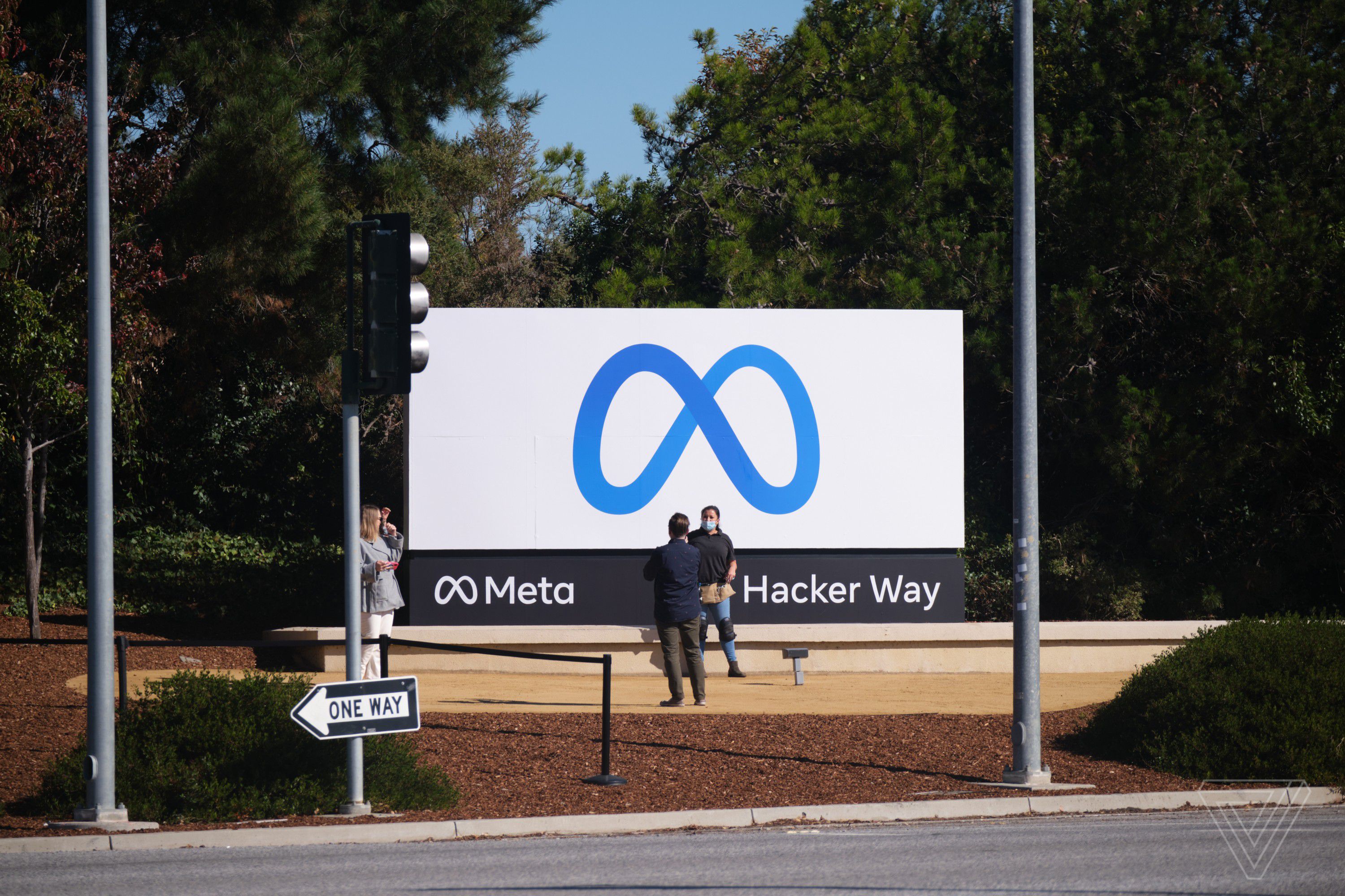 Facebook's iconic thumbs up headquarters logo has been replaced by the Meta logo.