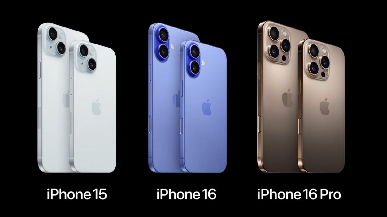 From left to right: iPhone 15 (left), iPhone 16 (middle) and iPhone 16 Pro (right).