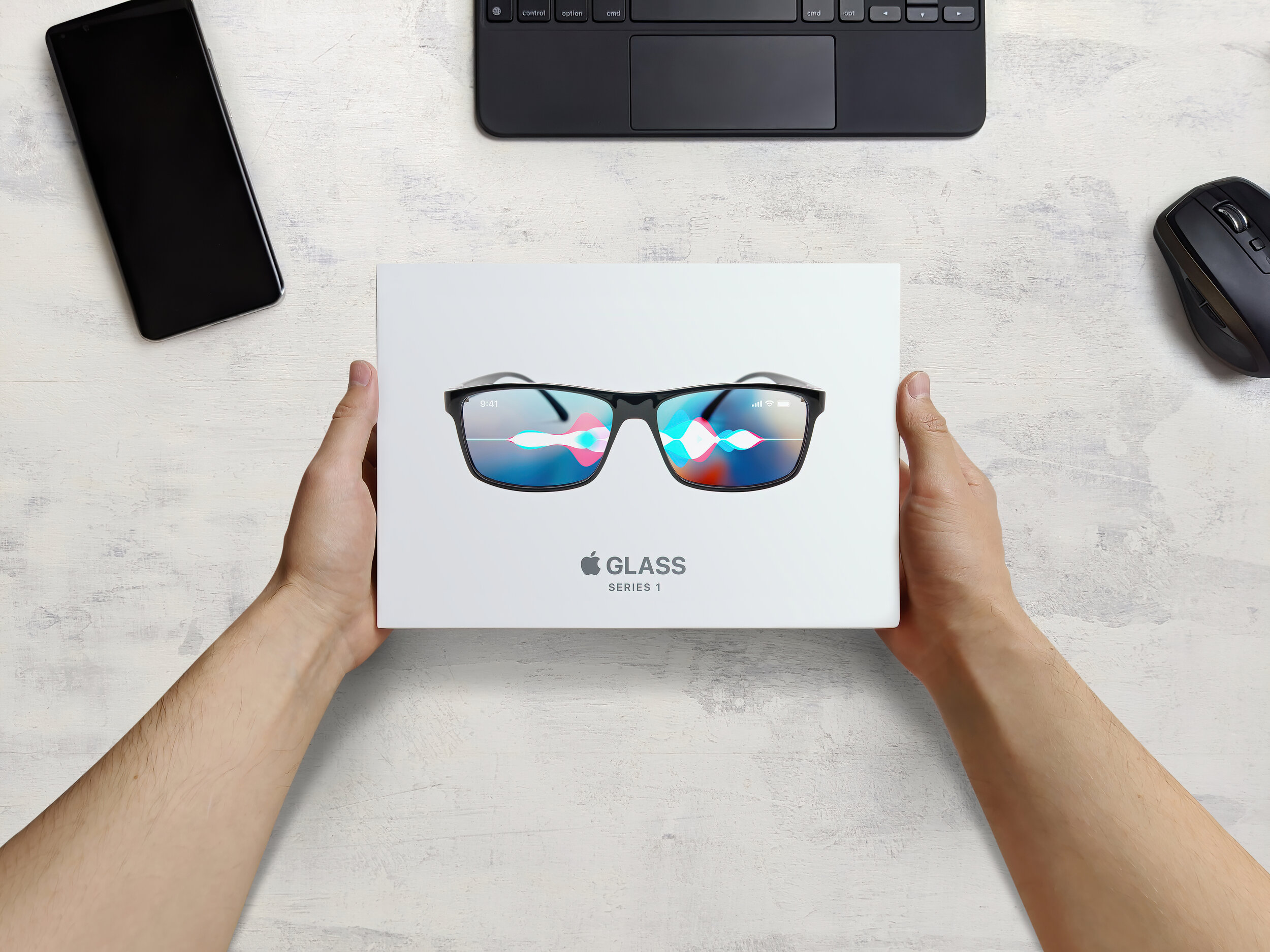 Illustration of the Apple Glasses unboxing experience.