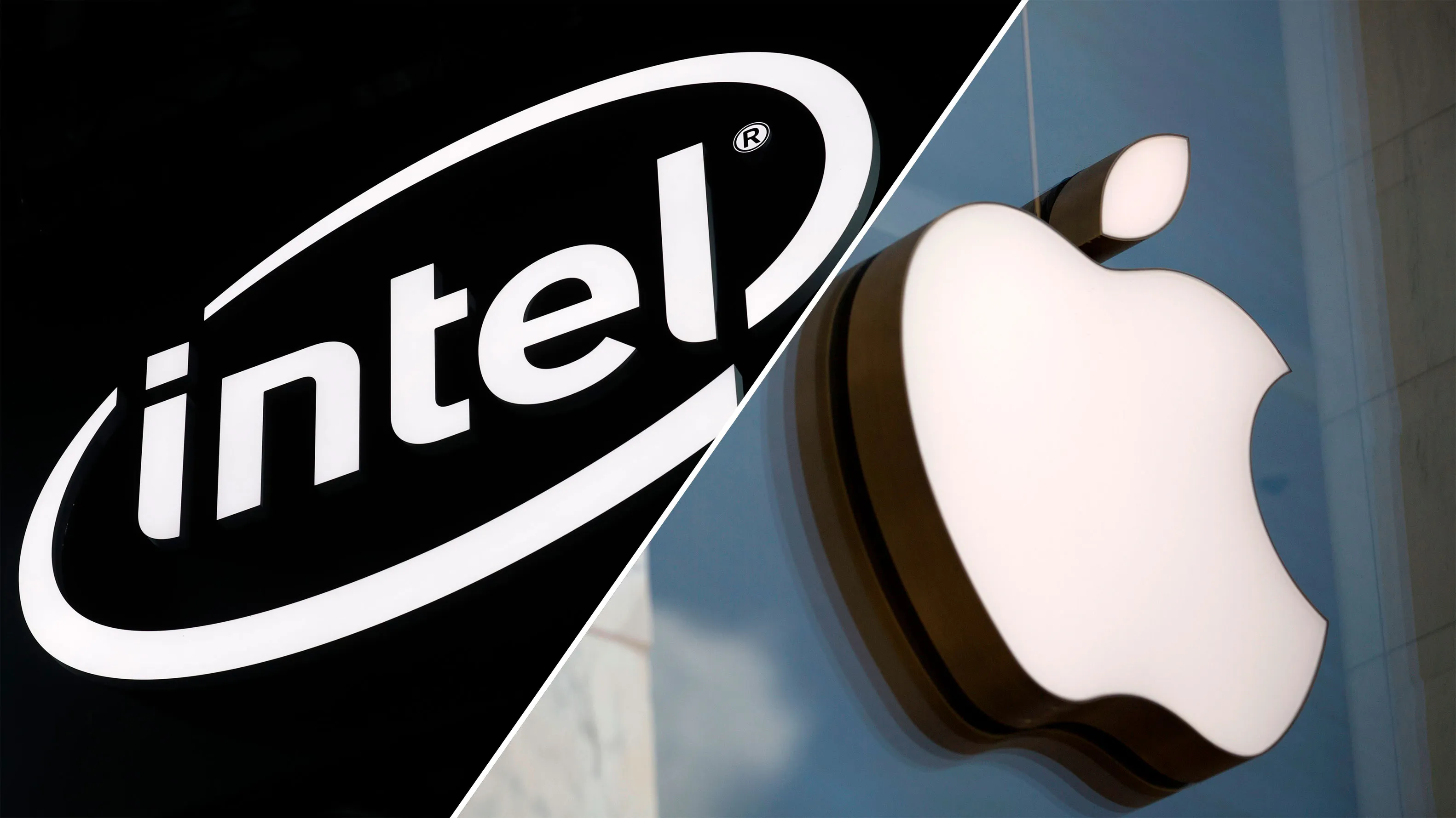 Intel logo (left) and Apple logo (right).