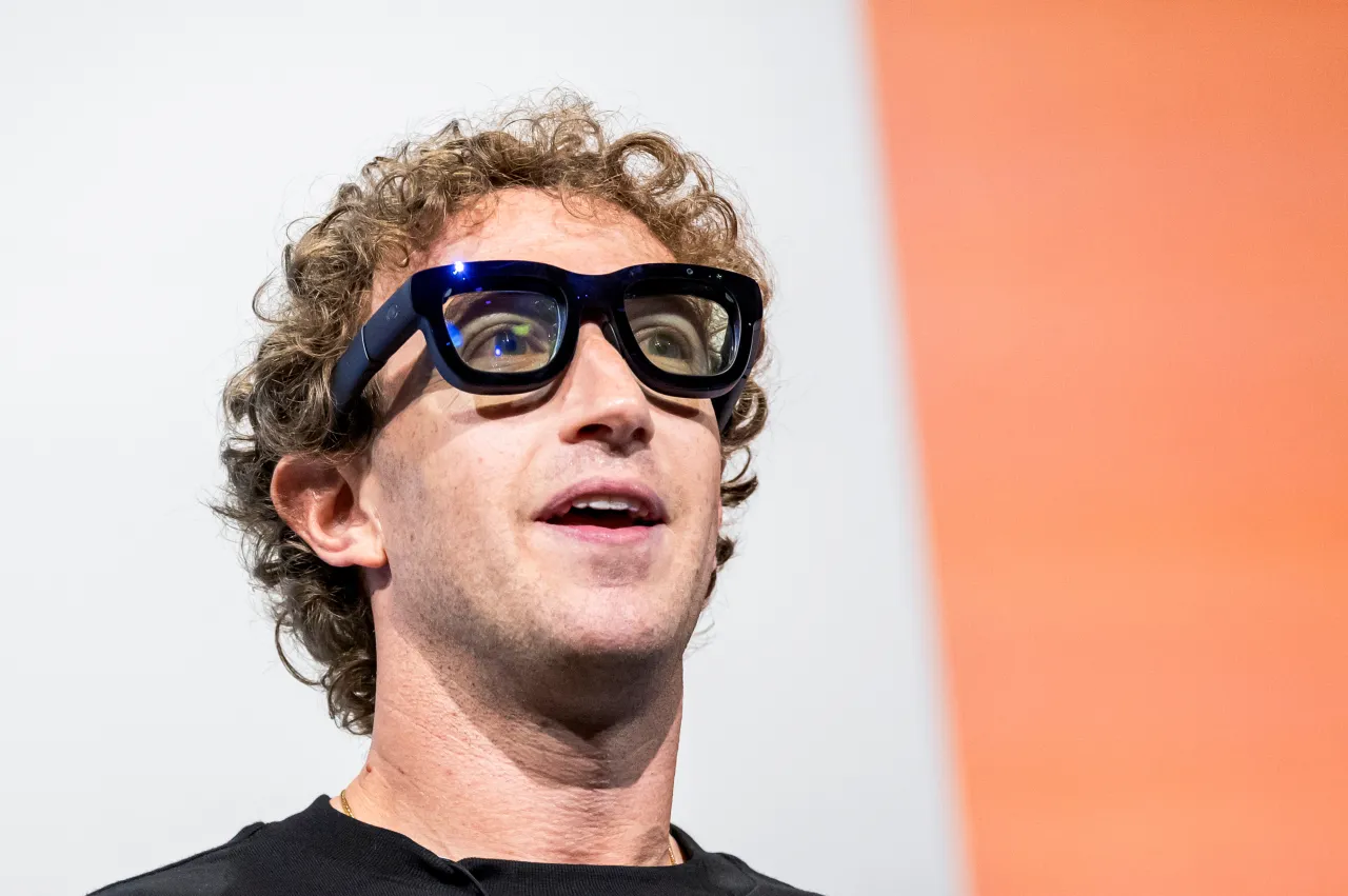 Mark Zuckerberg looking kind of dorky while wearing Meta's Orion concept glasses.