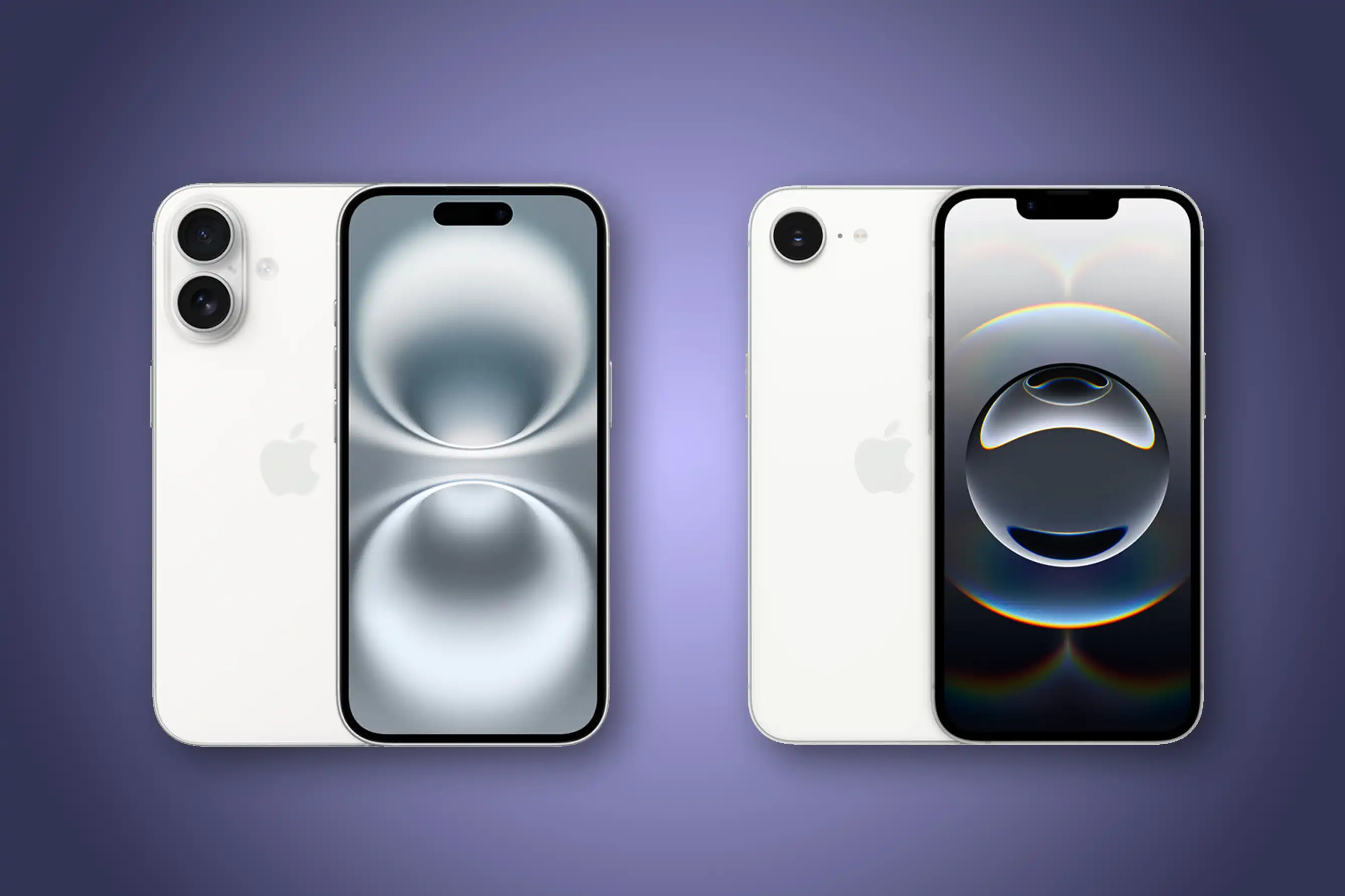 On the left: Apple iPhone 16. On the right: Apple iPhone 16E. The external design differences can be seen in the rear camera and front camera areas.