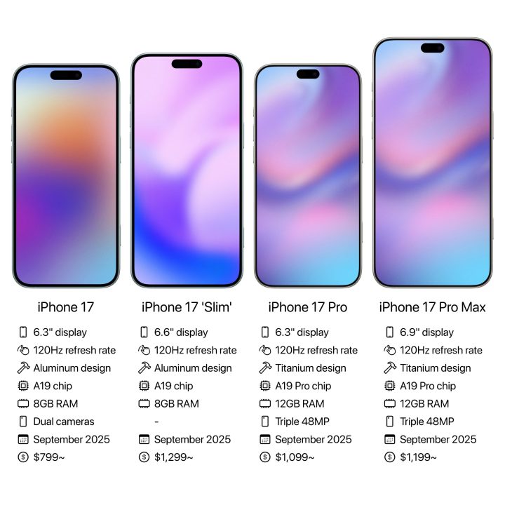 Rumored features for the iPhone 17, 17 'Slim', 17 Pro, and Pro Max models.