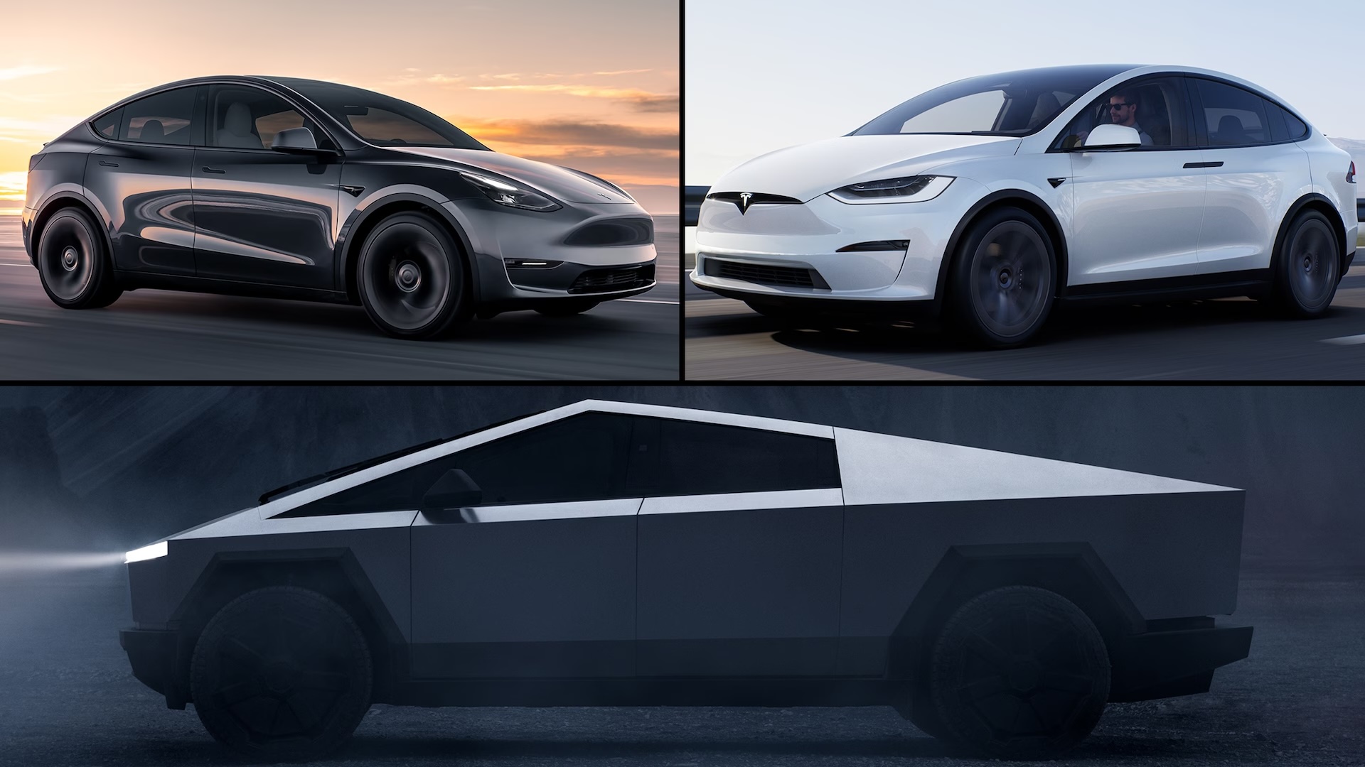 Some of Tesla's 2024 vehicles, including Model Y (top left), Model X (top right), and Cybertruck (bottom).