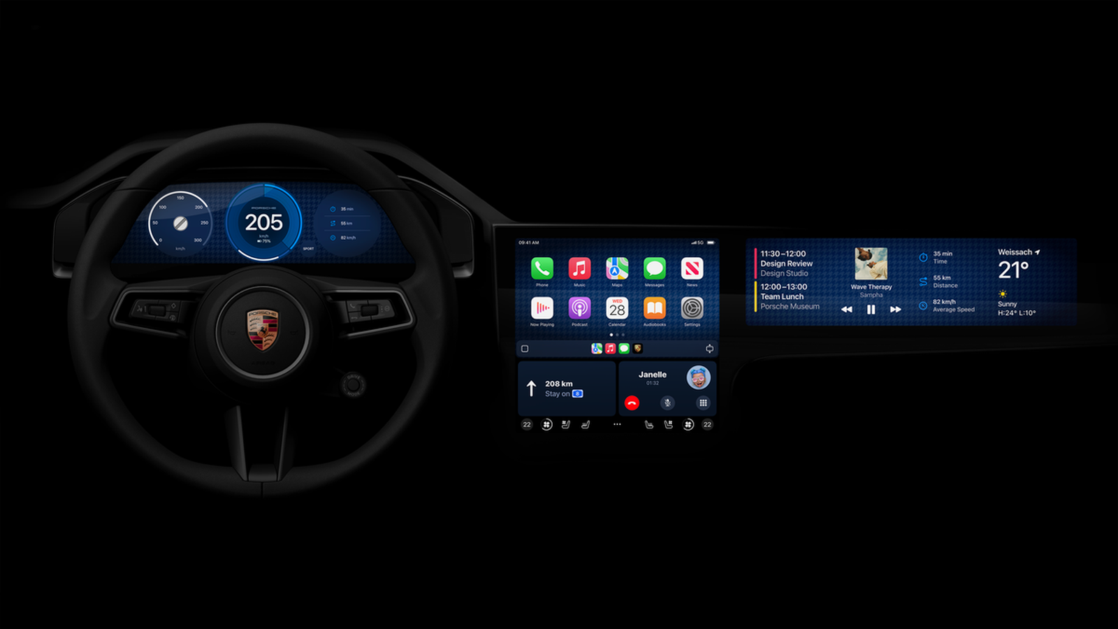 The CarPlay 2 dashboard, featuring customizable layouts that reflect each car brand's unique design.