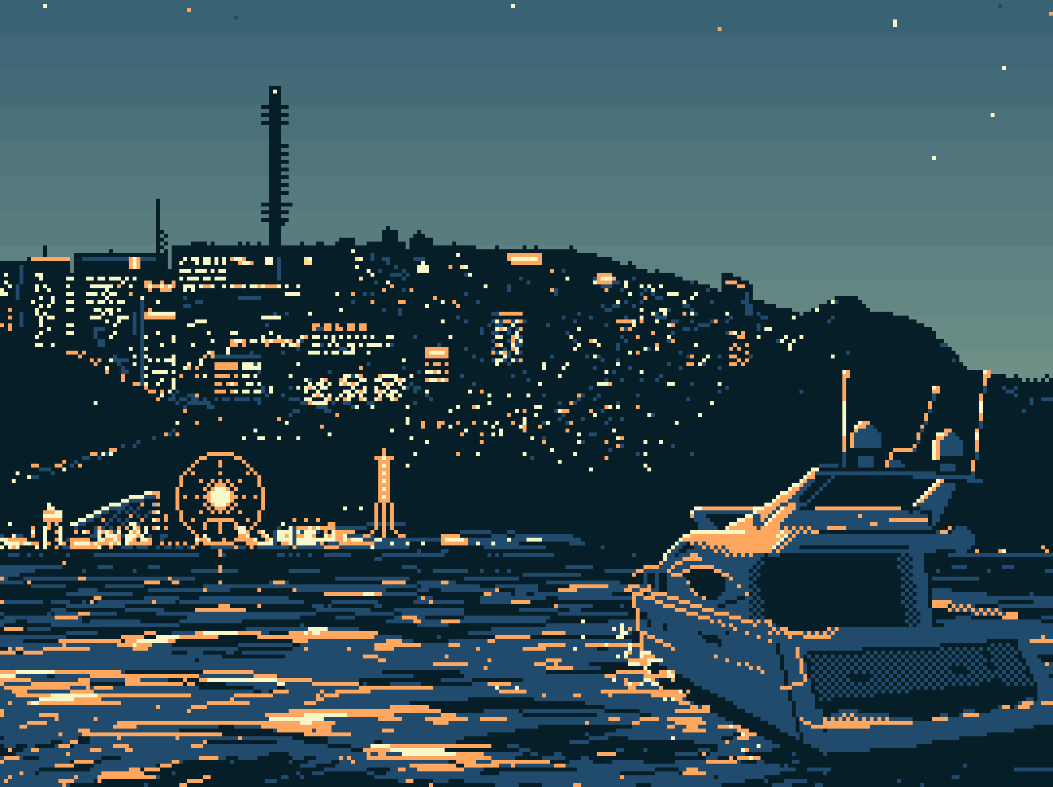 8 Bit City Lights And Boat 8bit Digital Illustration Best Free Download Wallpapers For iPad Pro Or iPad Air And Android Tablets