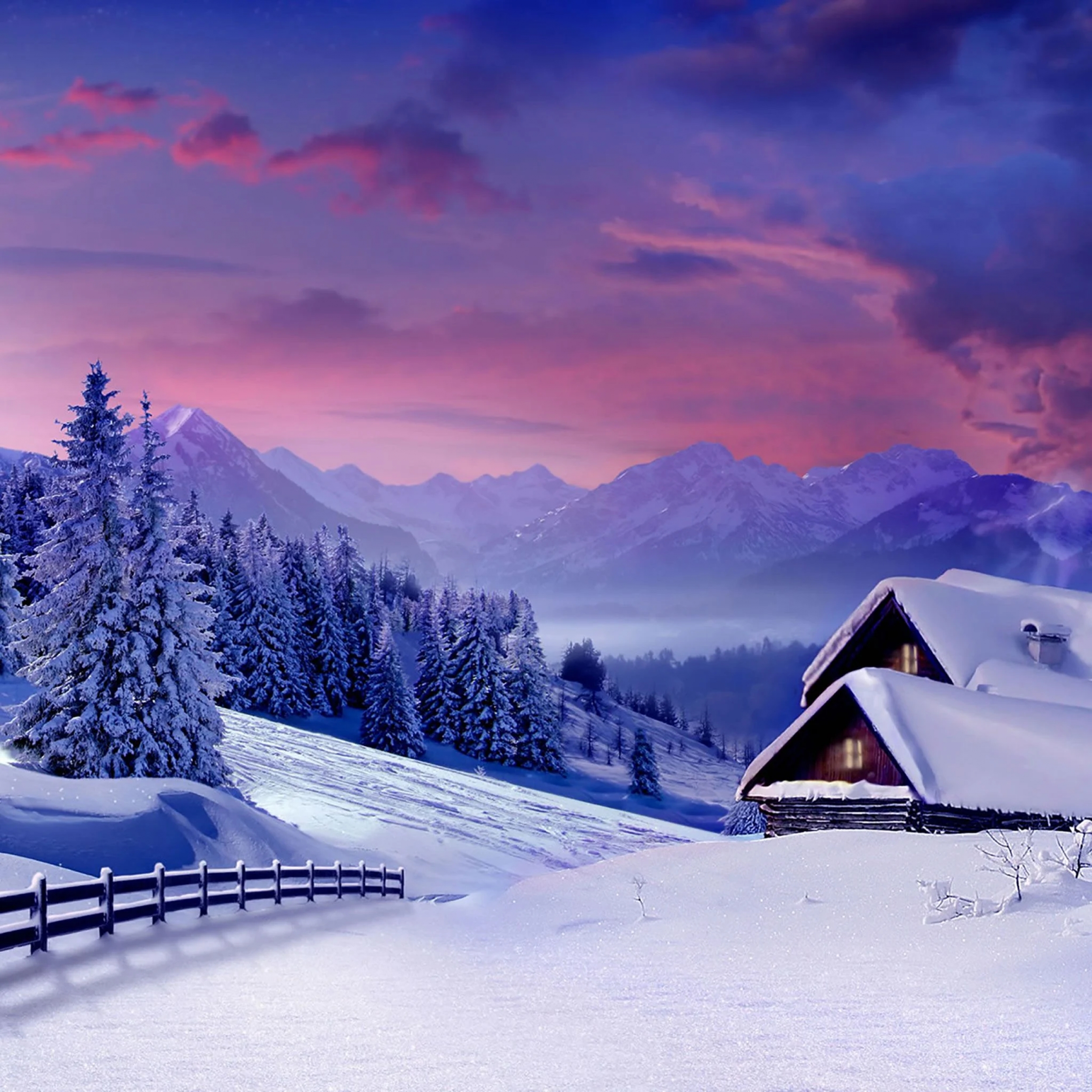 Colorful Sunset Over Snowcapped Snow Cabin Pine Trees