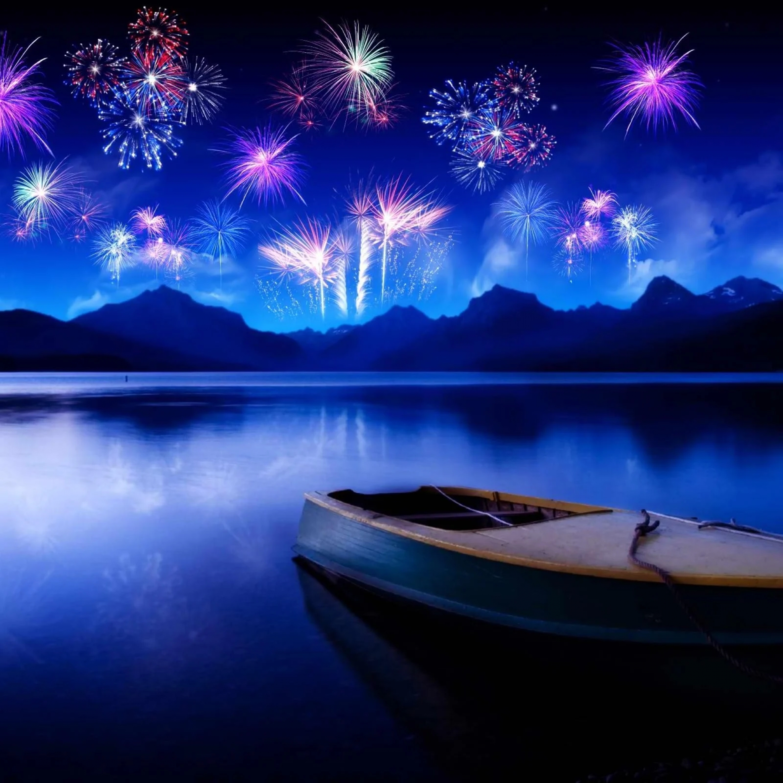 Fireworks Above The Lake With Boat wallpaper for Apple iPhone, Apple Watch, Mac, iPad and Apple Watch