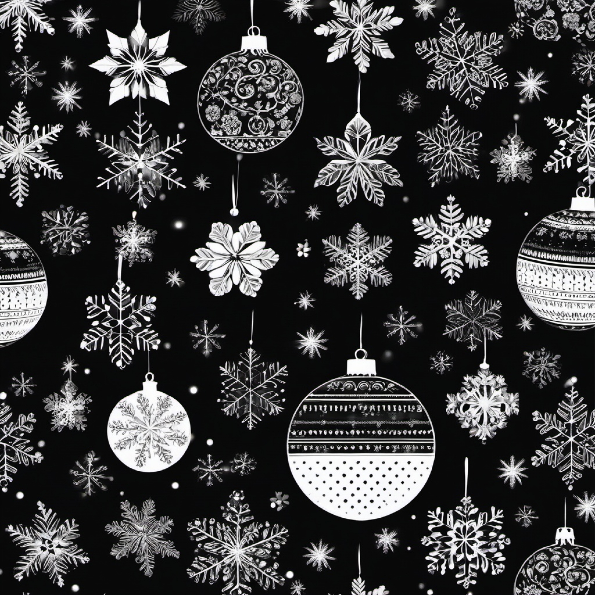 Samsung Galaxy S24 Ultra Christmas Black And White Ornaments And Snowflakes wallpaper for Apple iPhone, Apple Watch, Mac, iPad and Apple Watch