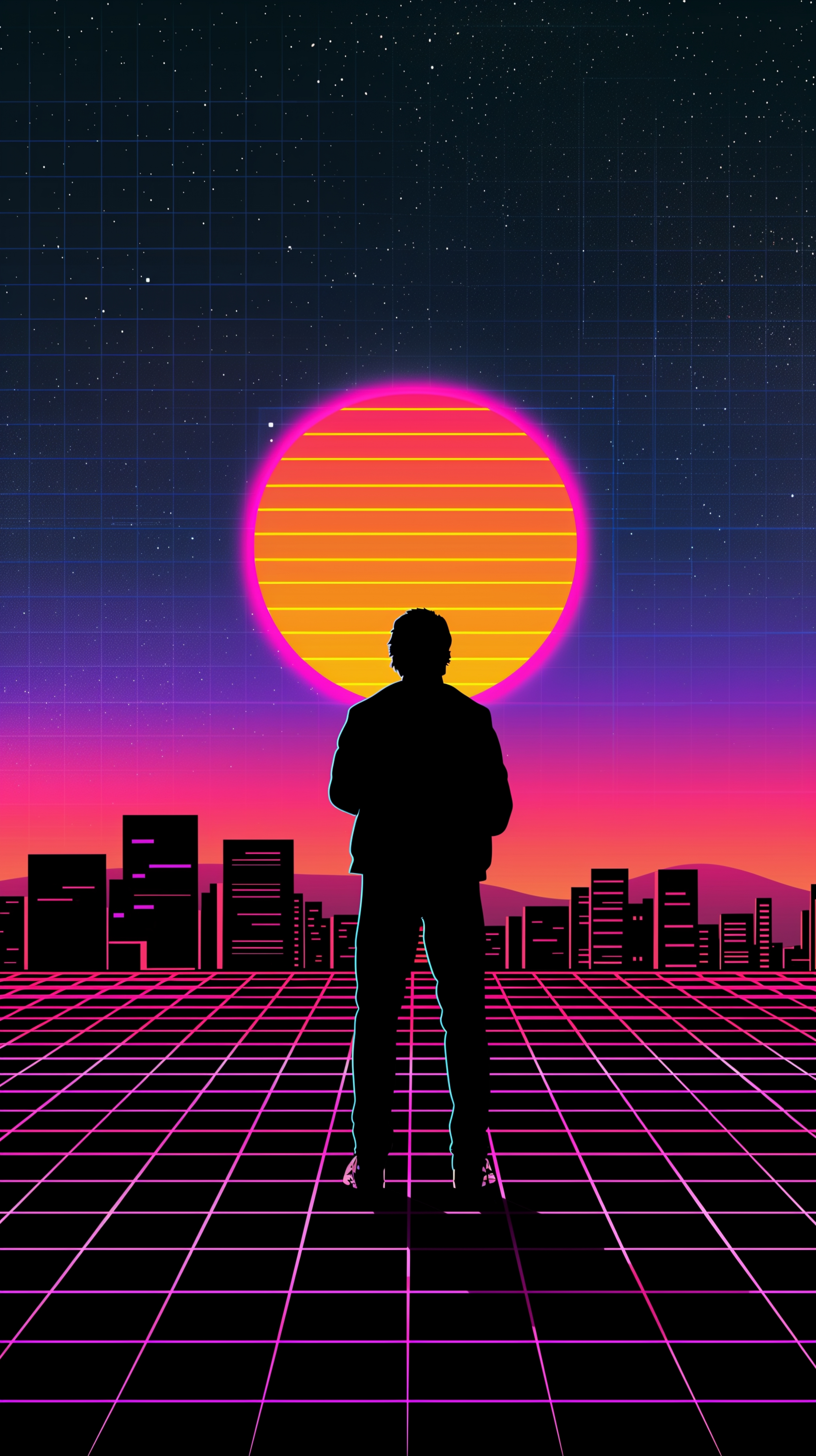 Retro 3D Synthwave Cyberpuink Sunset Silhouette wallpaper for Apple iPhone, Apple Watch, Mac, iPad and Apple Watch