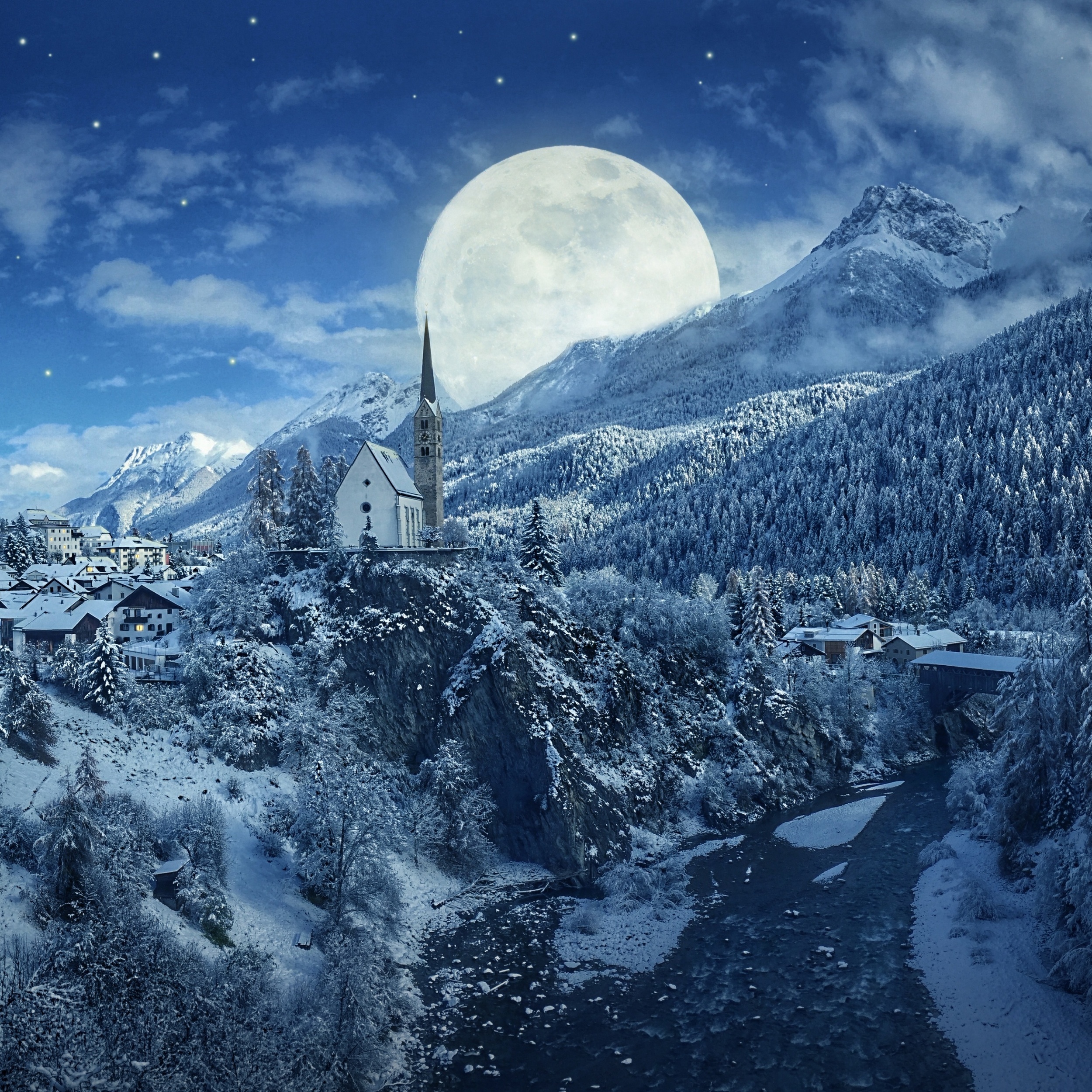 Winter Moon Frozen Forest Village Snowfall 5K Best Free Wallpapers Backgrounds Desktop Pictures For Apple iPad Tablets And Android HD High Resolution 4K wallpaper for Apple iPhone, Apple Watch, Mac, iPad and Apple Watch