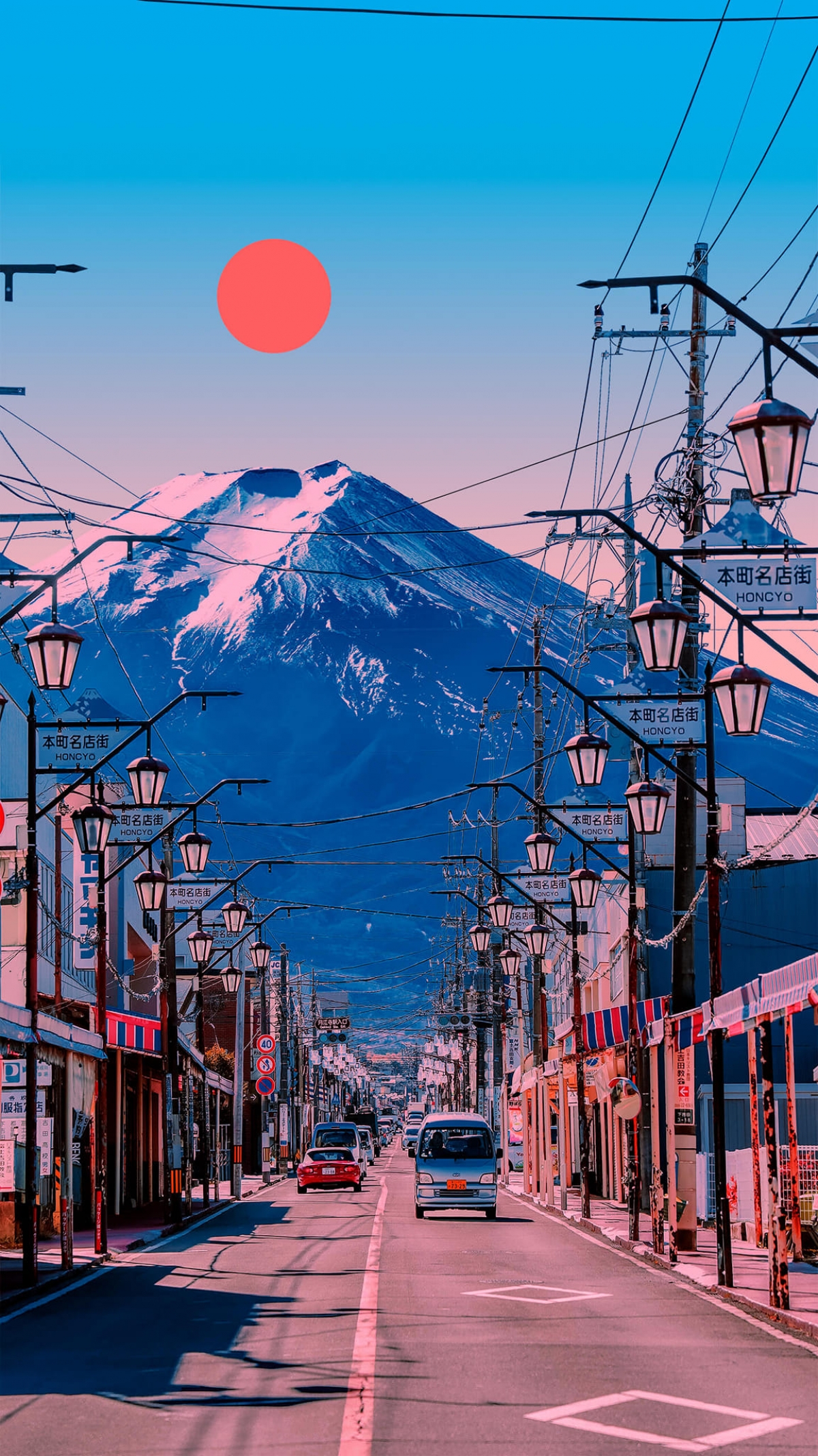 Japanese Town With Snow Covered Mountain In Distance HD