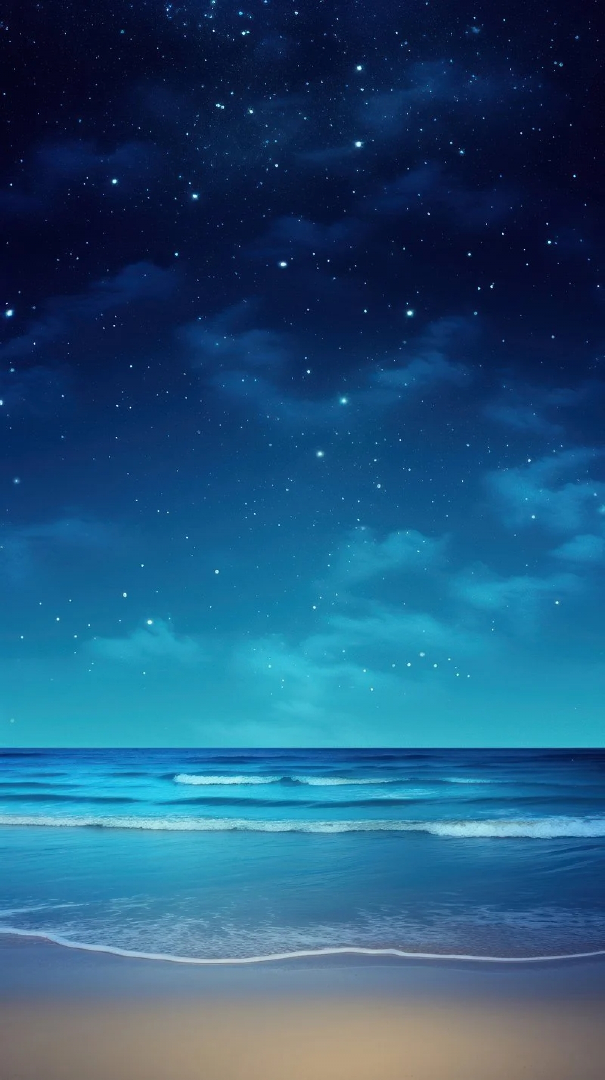 Bright Blue Beach Waves At Night With Stars