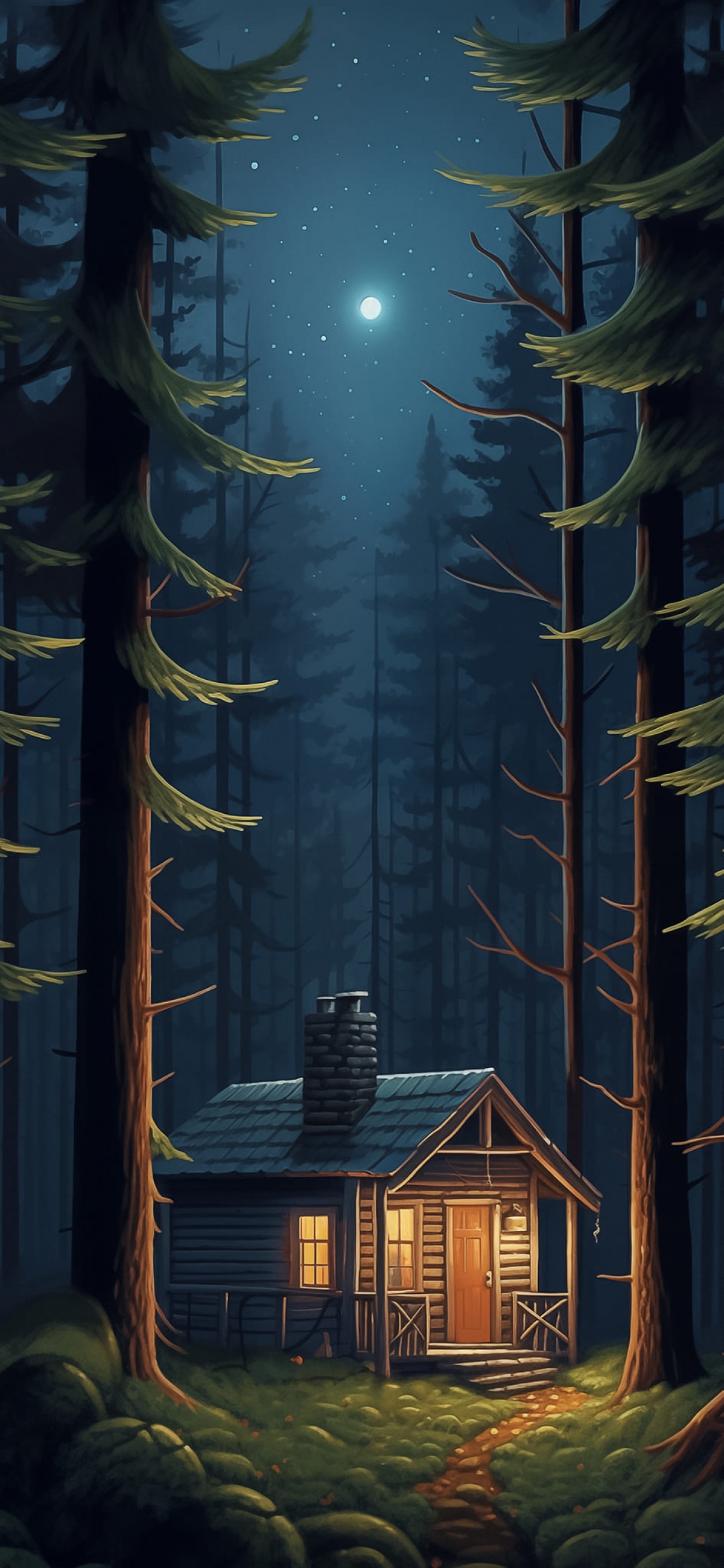 Cute Dark Anime Hand Drawn Log Cabin At Night Aesthetic