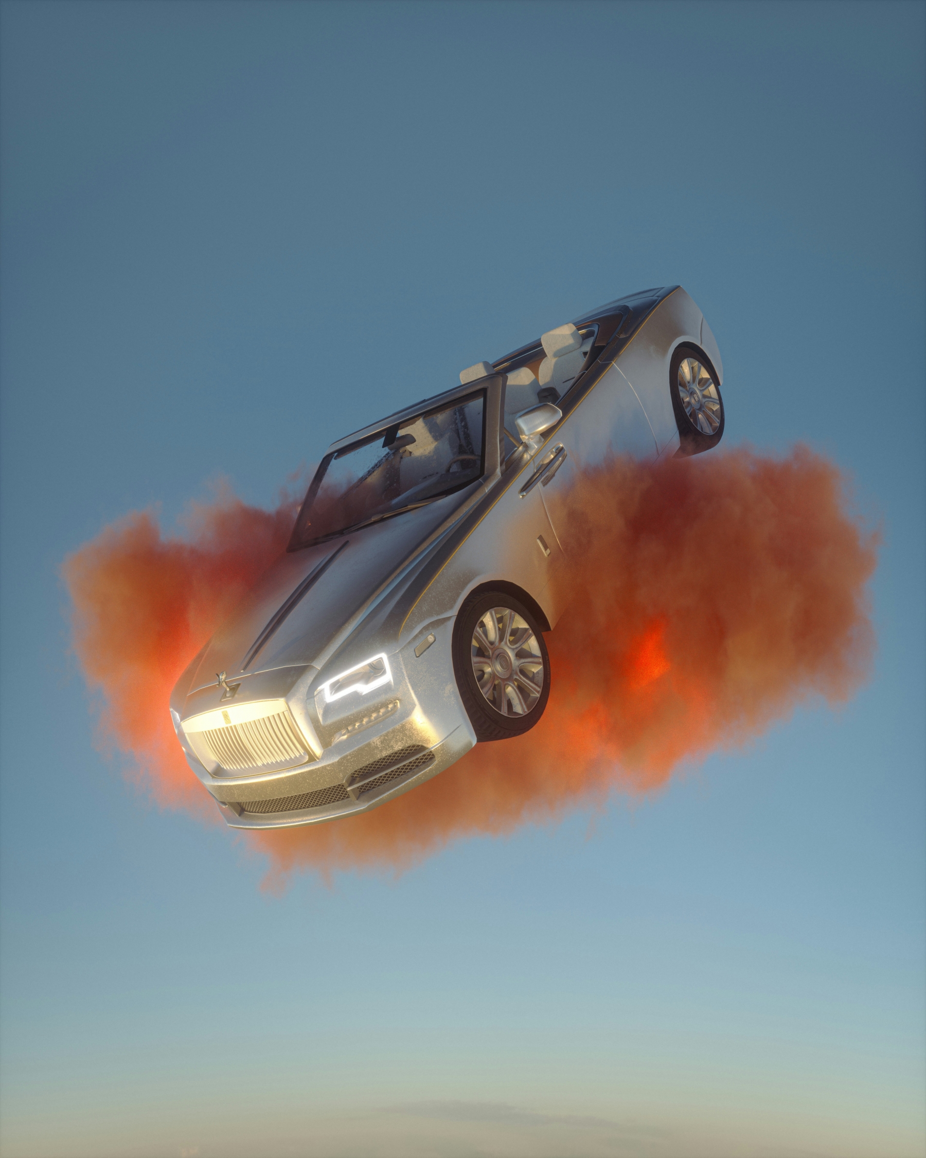 3D Computer Generated Silver Vehicle In The Clouds Red