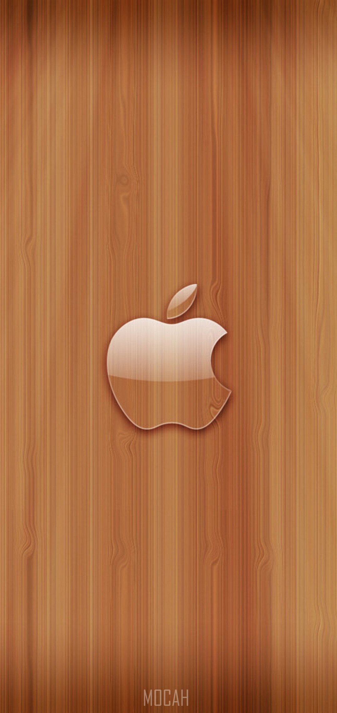 3D Skeuomorphism Apple Logo Shiny Glass And Realistic Wooden Backdrop