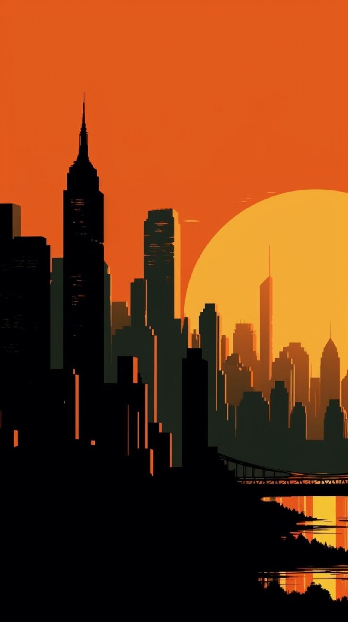 Bright Orange Sunset Reflects On New York City Buildings And Architecture