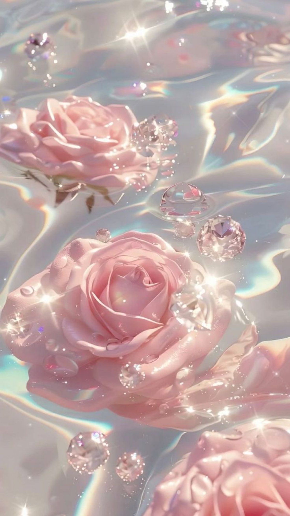 Baby Pink Roses In Iridescent Shimmery Water