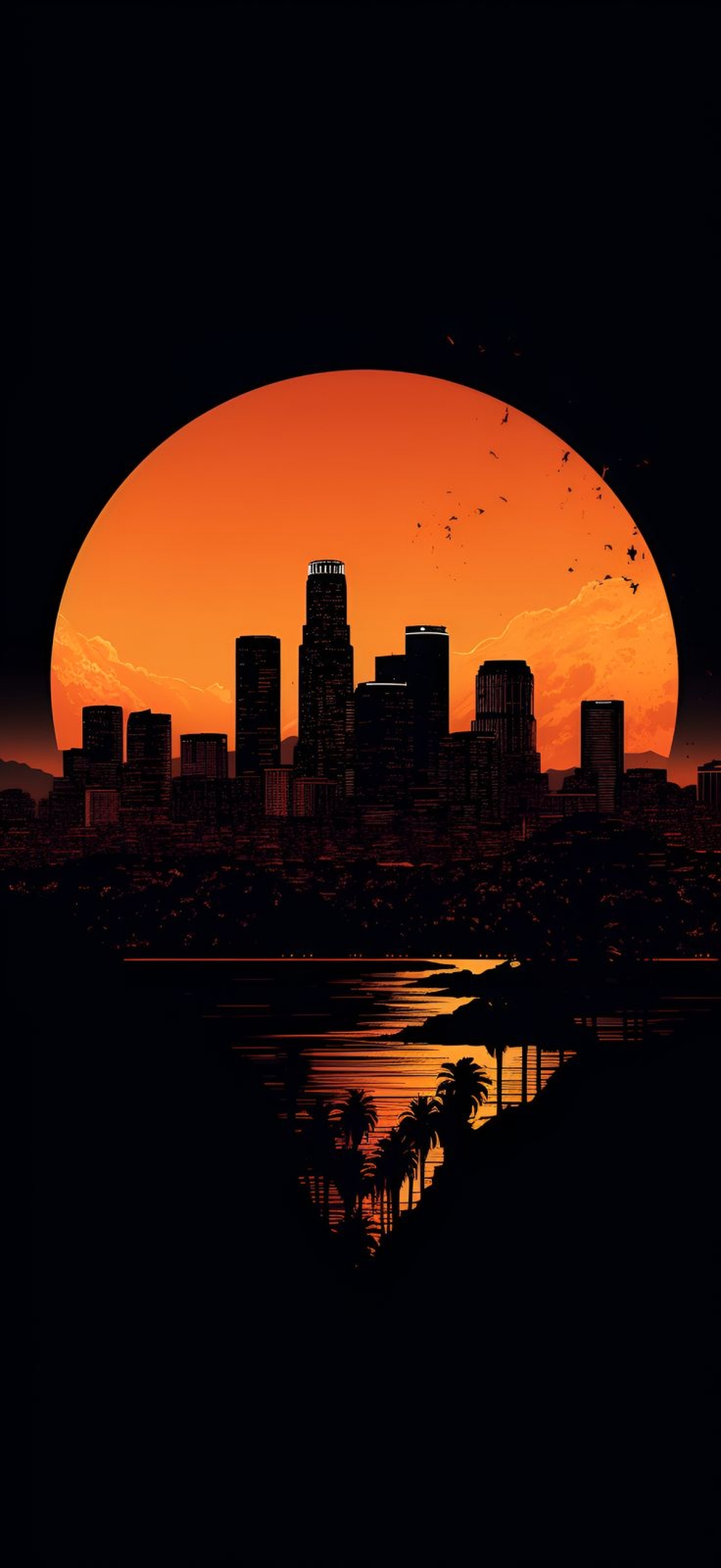 Los Angeles City Skyline In Front Of A Bright Orange Sunset wallpaper for Apple iPhone, Apple Watch, Mac, iPad and Apple Watch