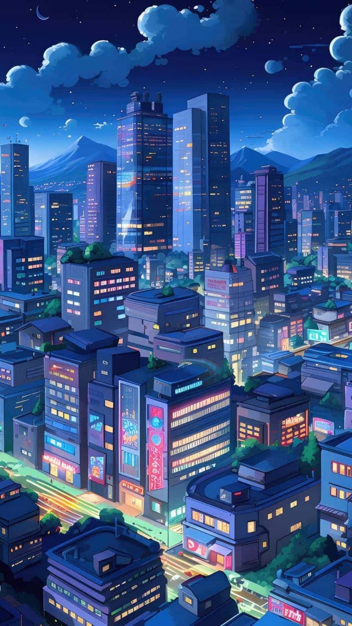 Anime City Cartoon Animated Drawing At Nighttime