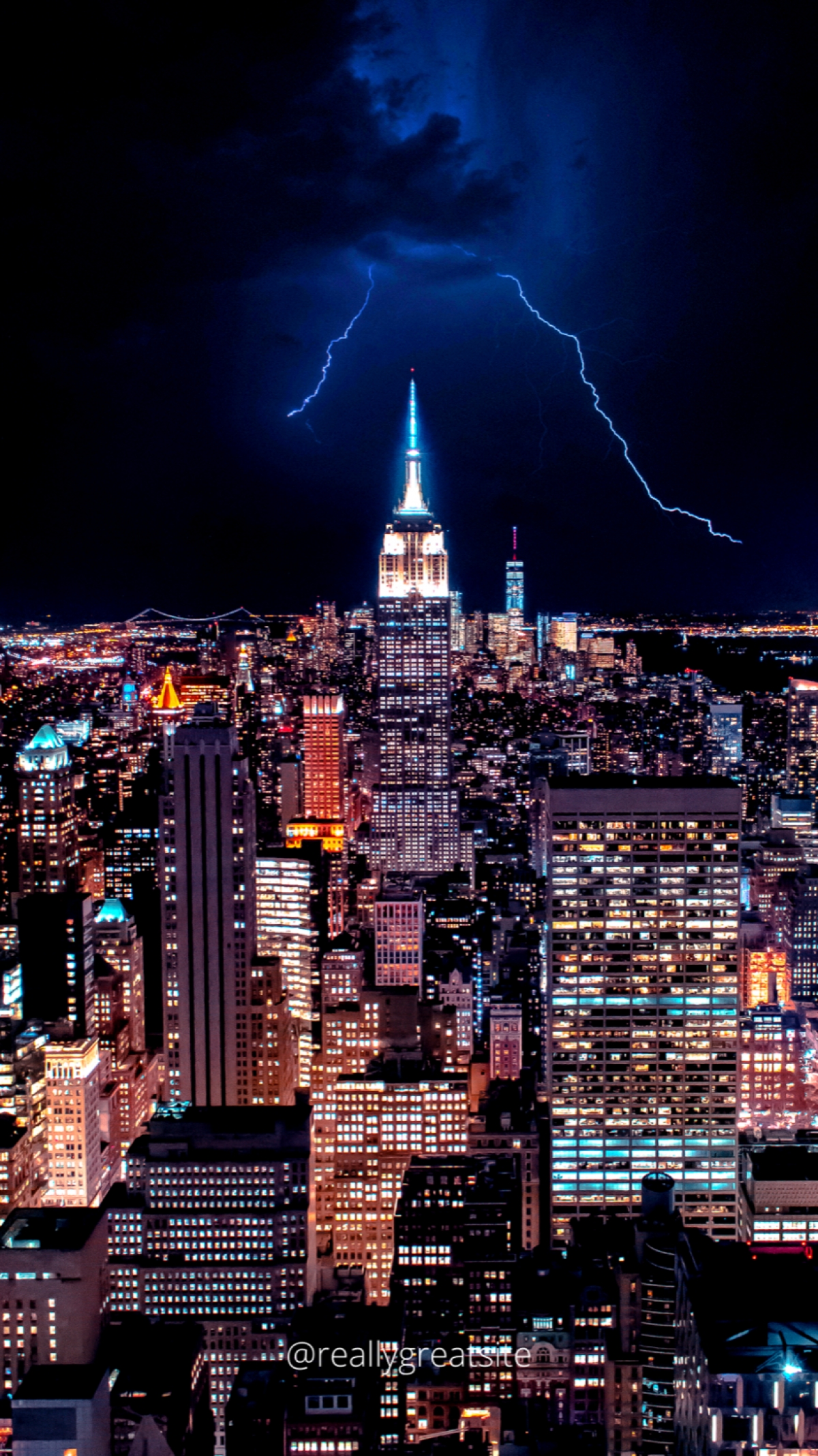 New York City Skyline America USA With Lightning At Night