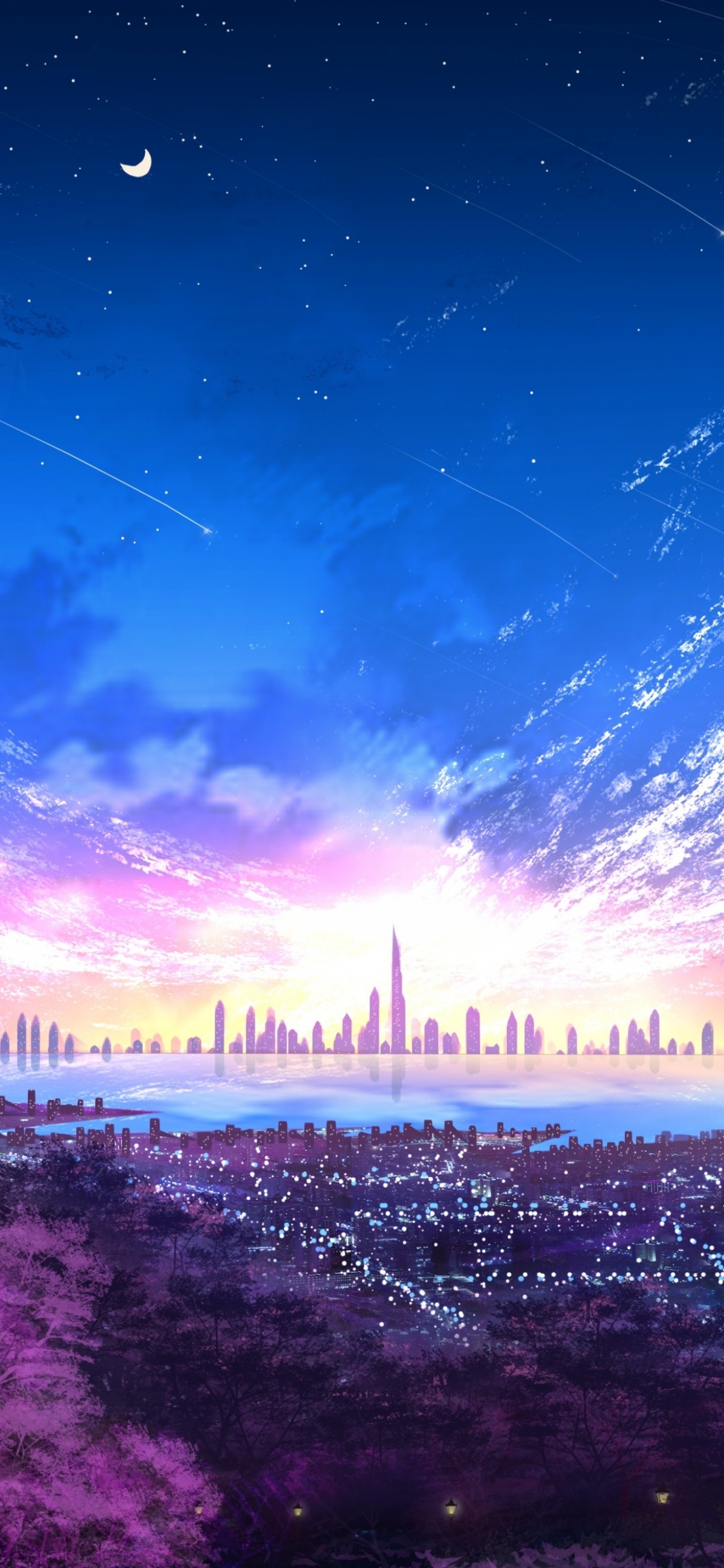 Anime Style City Skyline With Crescent Moon