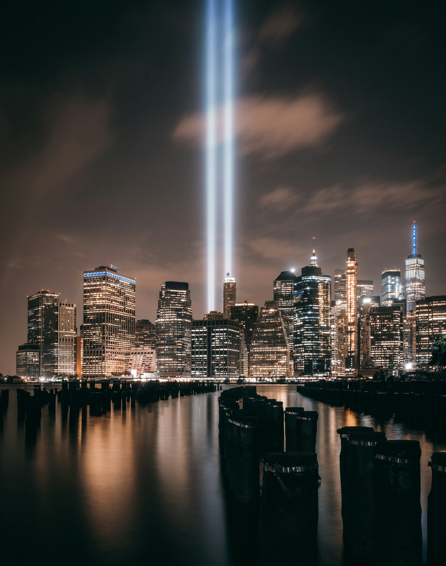 911 Remembrance Day Two Beams Of Light Emerge From New York City USA Where The Twin Towers Once Stood