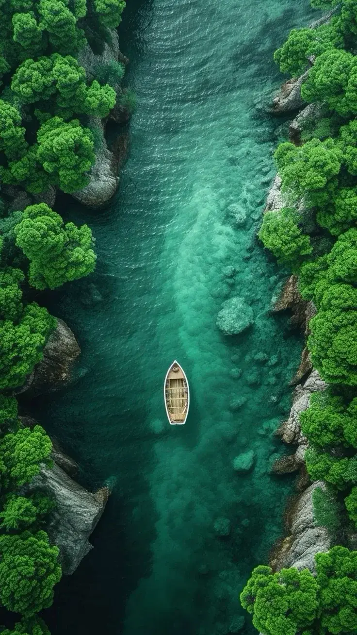 A Boat On A River From Above In The Forest Best Of 2024 And 2025 Wallpapers For Your Apple iOS iPhone X 11 12 13 14 15 And 16 Including Plus Pro Pro Max And SE