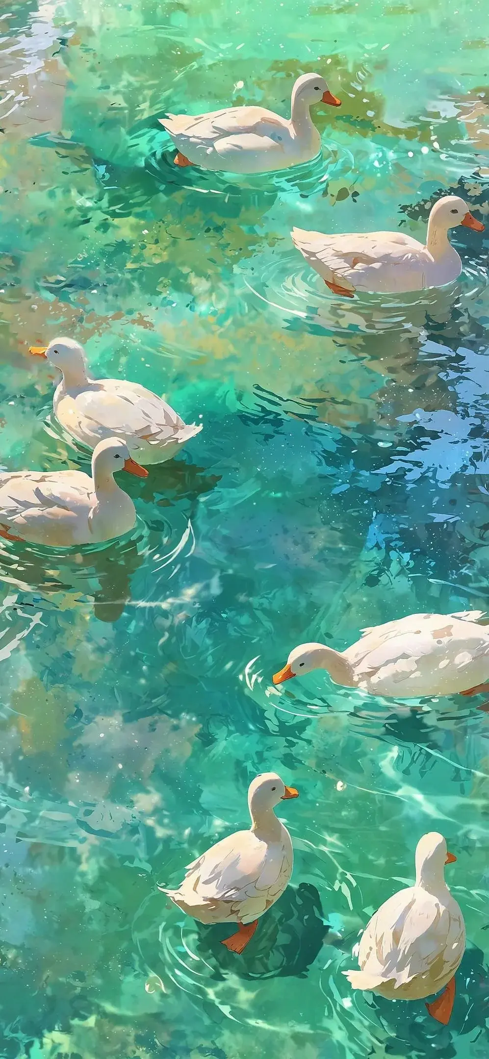 A Group Of Ducks In Crystal Clear Water Best Anime Style Artwork Illustrations For Apple iPhone