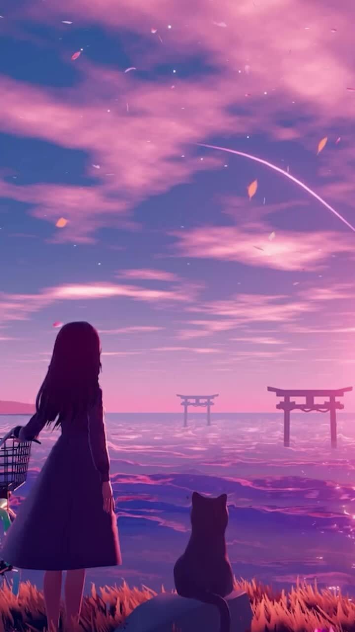 Anime Pink Sky Sunset Girl With Cat Cute Wallpapers For Google Android