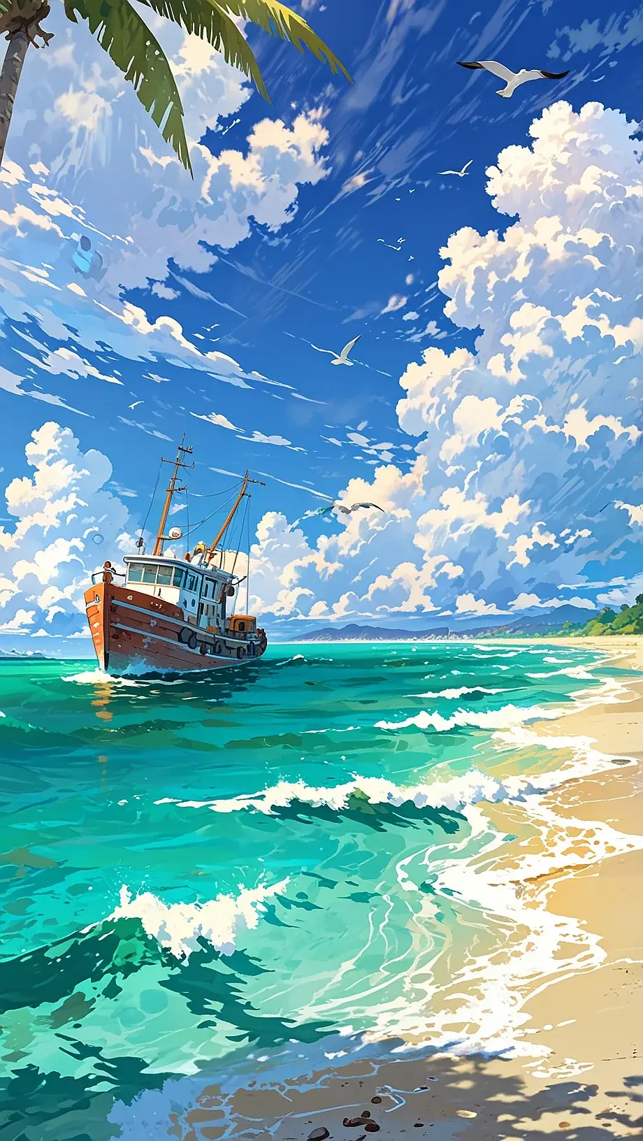 Anime Style Boat On The Ocean Sub Tropical Ocean Waves Download Free Top Wallpapers Backgrounds For iPhone 14 15 16 Pro Max HD 4K wallpaper for Apple iPhone, Apple Watch, Mac, iPad and Apple Watch