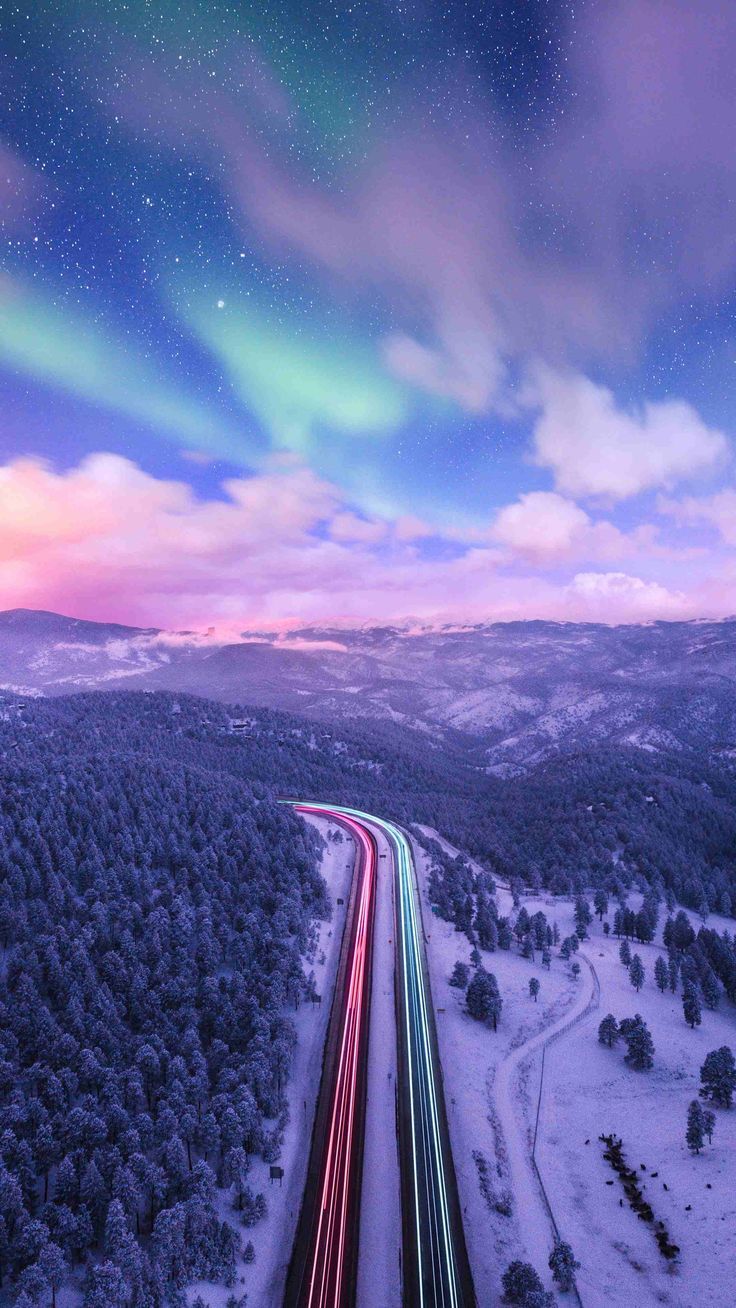 Aurora Borealis Long Exposure Road Drone Shot HD 4K Trending iPhone 16 Top iPhone 16 Free Pro iPhone 16 Plus And iPhone 16 Pro Max wallpaper for Apple iPhone, Apple Watch, Mac, iPad and Apple Watch