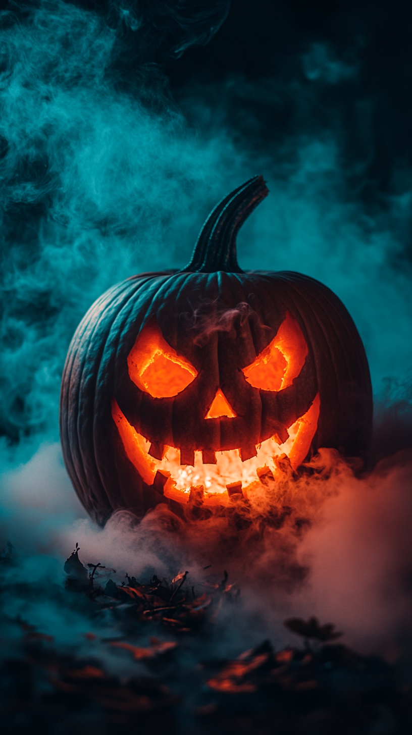 Black Halloween Jack O Lantern Pumpkin In Gray Green Smoke With Copy Space Halloween Background iPhone wallpaper