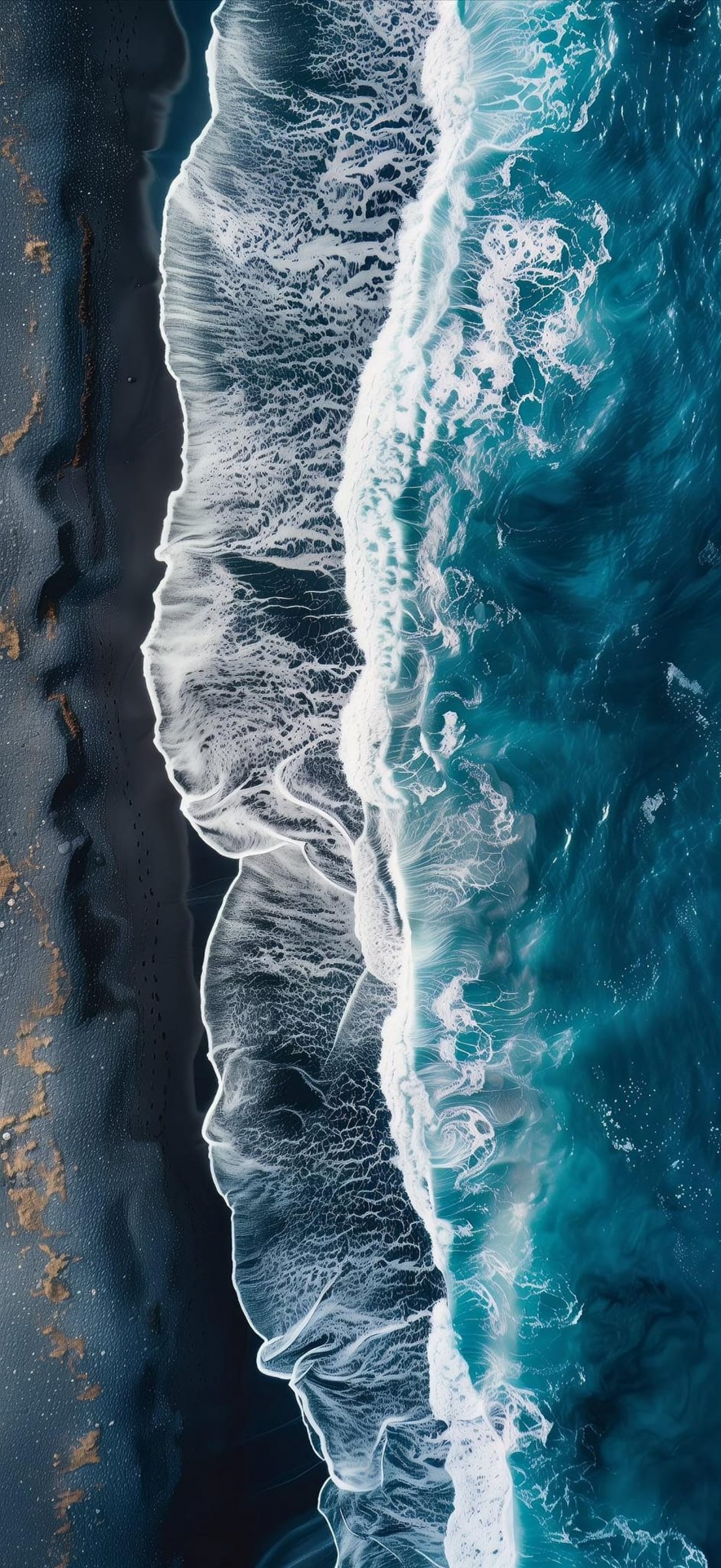 Black Sand Coastline From Above Ocean Waves Crashing