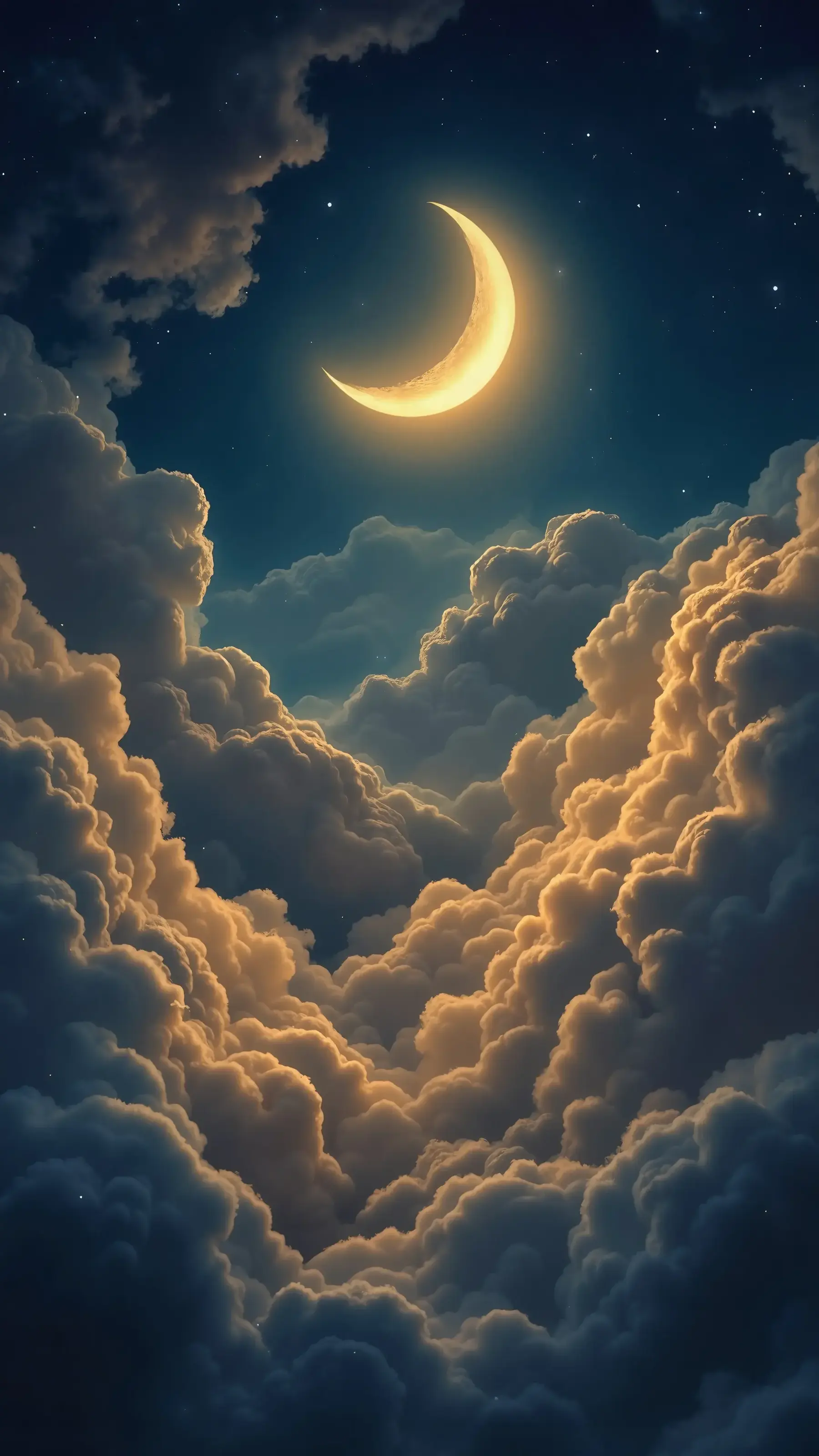 Bright Warm Crescent Moon And Dramatic Clouds Digital Illustration Download Free Top Wallpapers Backgrounds For iPhone 14 15 16 Pro Max HD 4K wallpaper for Apple iPhone, Apple Watch, Mac, iPad and Apple Watch